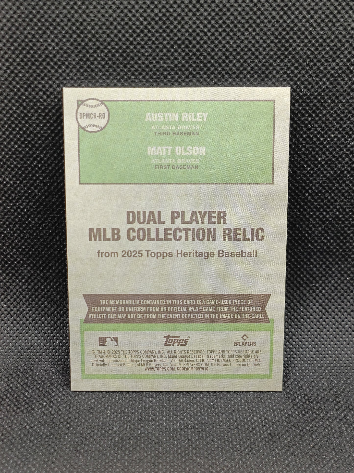 Austin Riley & Matt Olson - 2025 Topps Heritage Dual Relic - Atlanta Braves