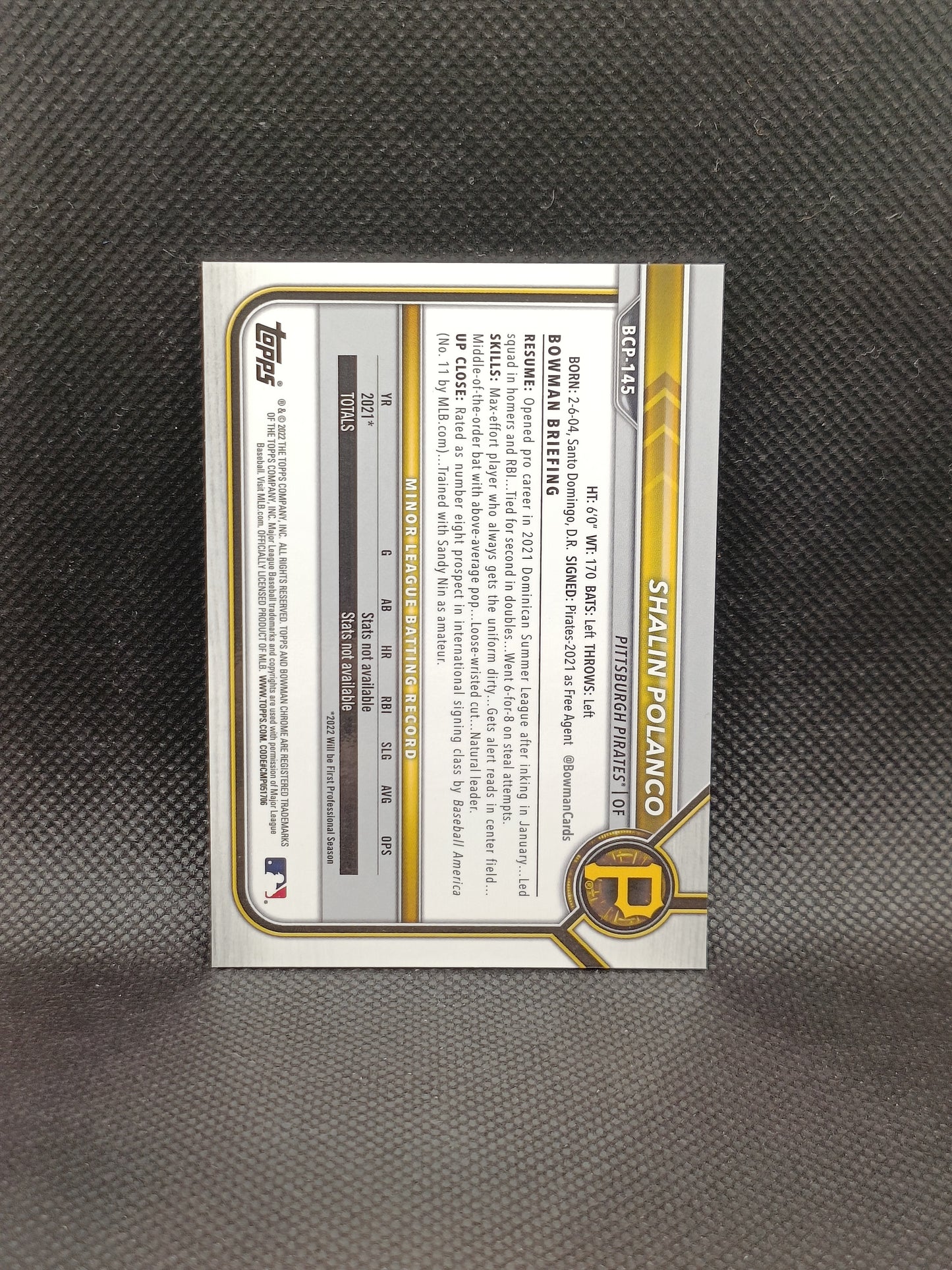 Shalin Polanco - 2022 Bowman Chrome Fuchsia Refractor /199 - Pittsburgh Pirates