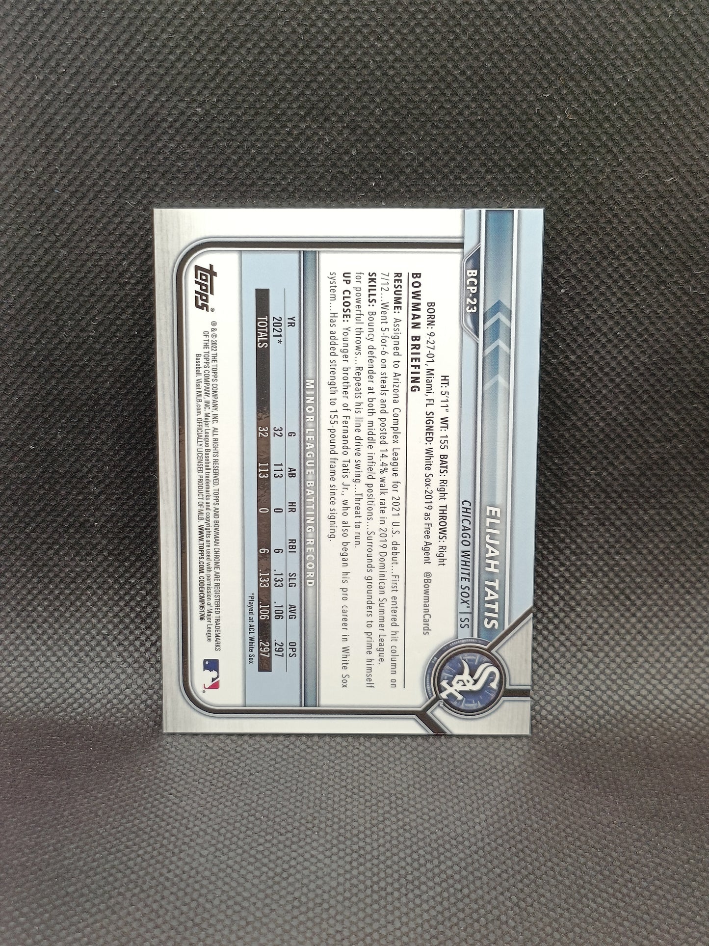 Elijah Tatis - 2022 Bowman Chrome 1st Bowman Speckle Refractor /299 - Chicago White Sox