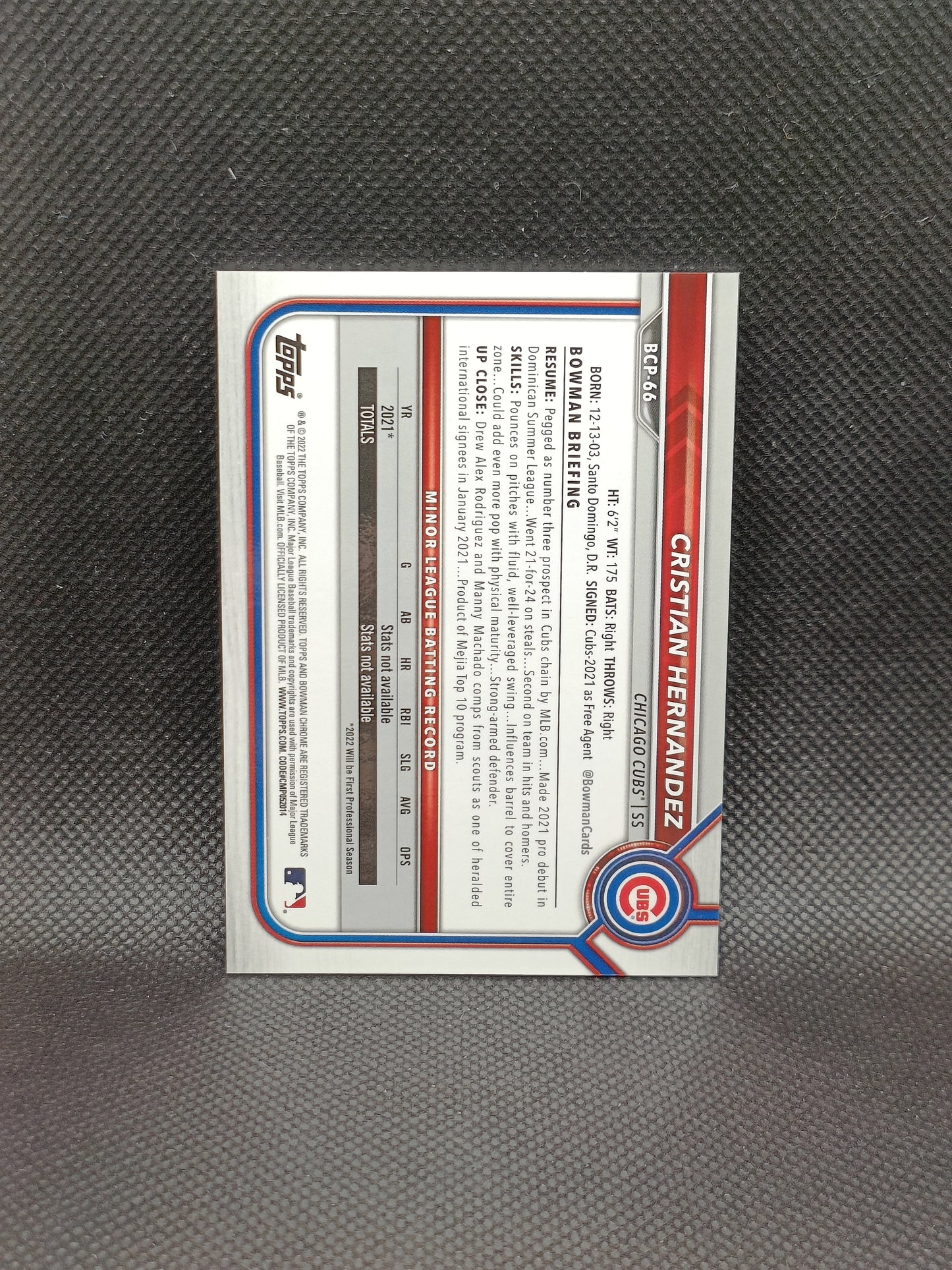 Cristian Hernandez - 2022 Bowman Chrome Purple Mojo Refractor /250 - Chicago Cubs