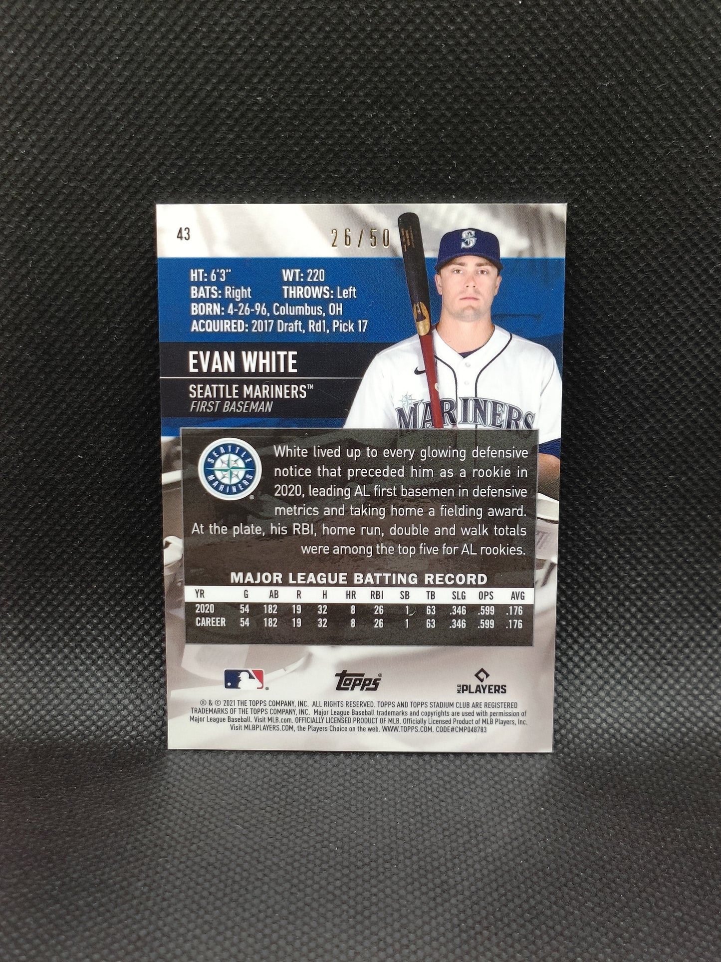 Evan White - 2021 Topps Stadium Club Chrome Rookie Gold /50 - Seattle Mariners