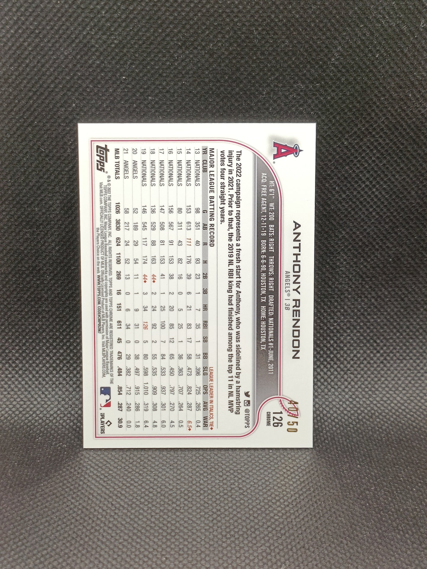 Anthony Rendon - 2022 Topps Chrome Gold Refractor /50 - LA Angels