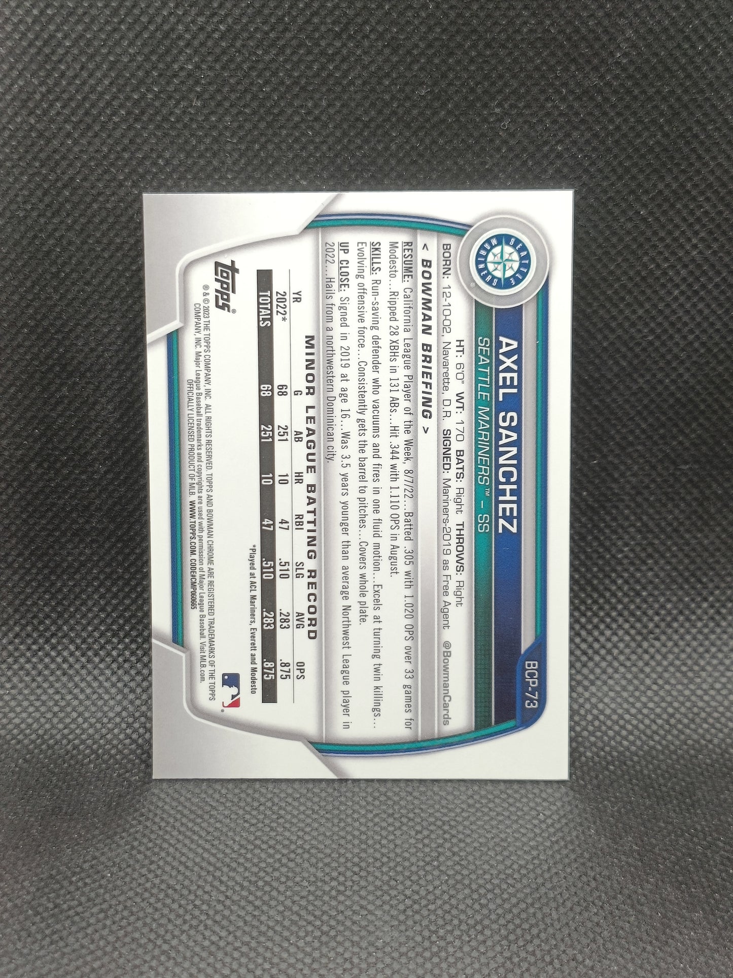 Axel Sanchez - 2023 Bowman Chrome 1st Bowman - Seattle Mariners