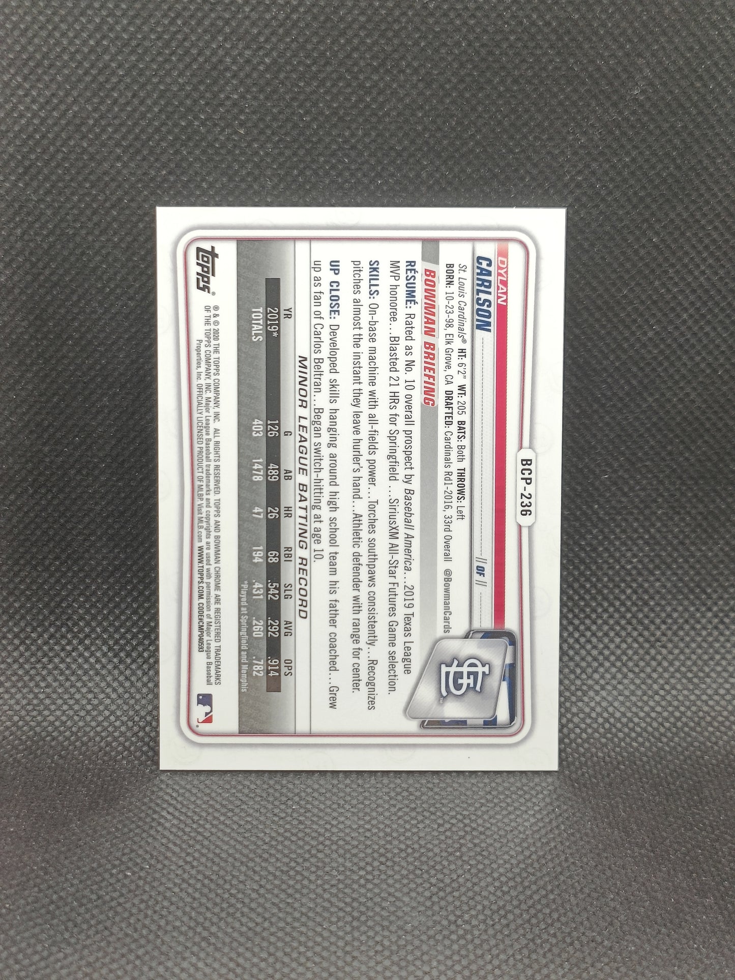 Dylan Carlson - 2020 Bowman Chrome Pink Mojo /199 - St Louis Cardinals