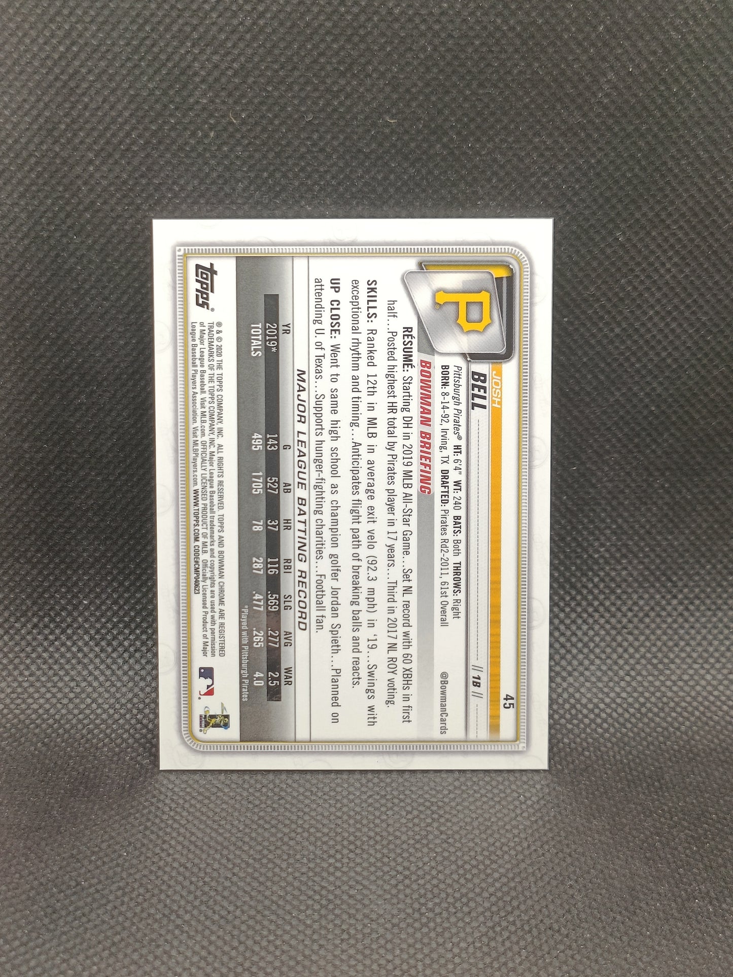Josh Bell - 2020 Bowman Chrome Blue Refractor /150 - Pittsburgh Pirates