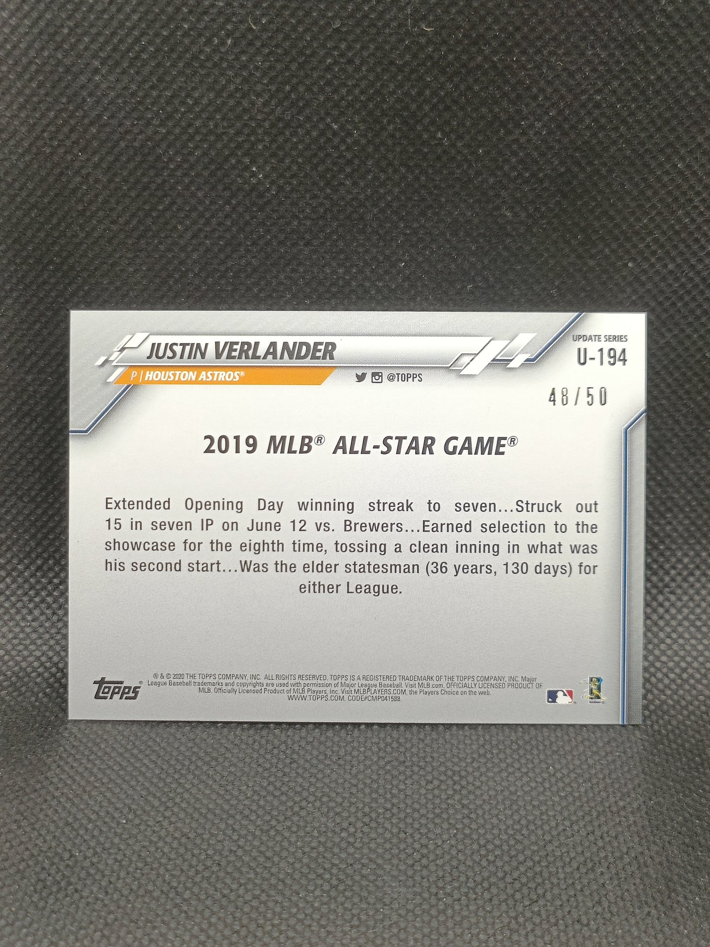 Justin Verlander - 2020 Topps Update Series Pink Mothers Day /50 - Houston Astros