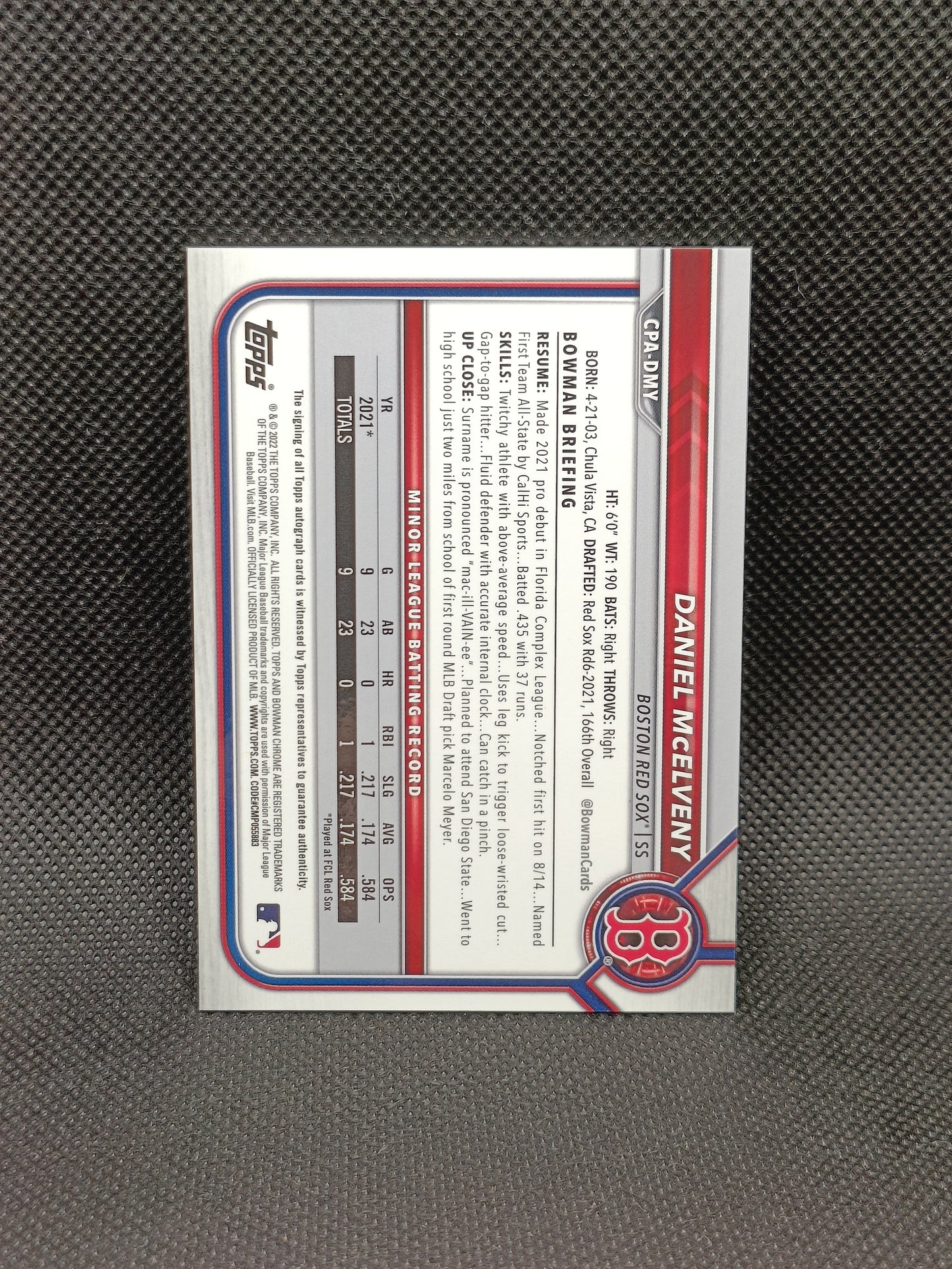 Daniel McElveny - 2022 Bowman Chrome 1st Bowman Auto Speckle /299 - Boston Red Sox