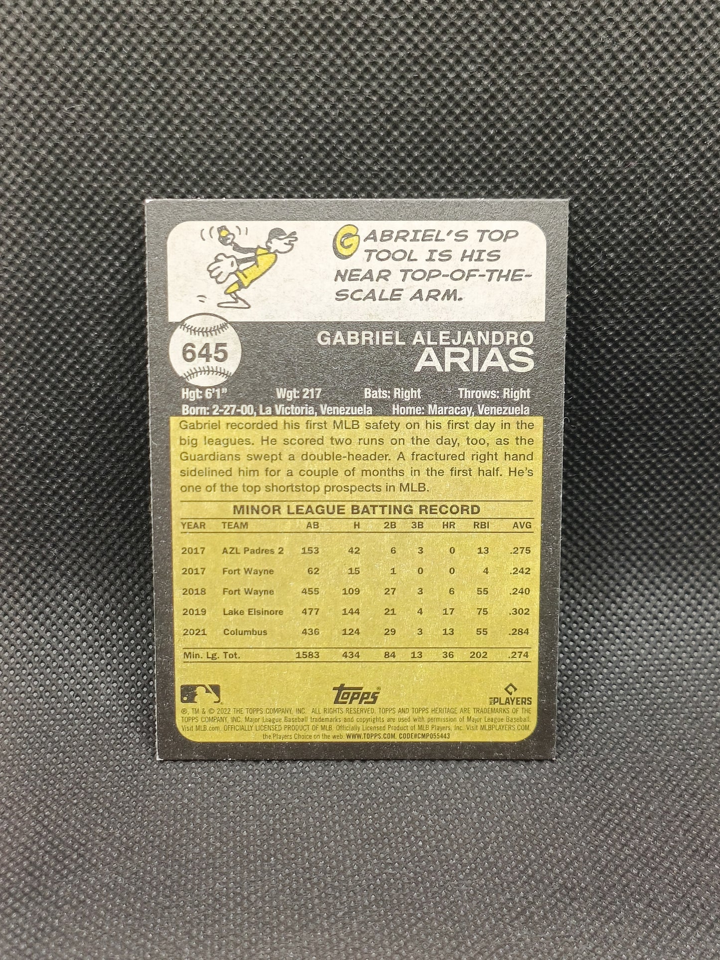 Gabriel Arias - 2022 Topps Heritage High Number Rookie - Cleveland Guardians