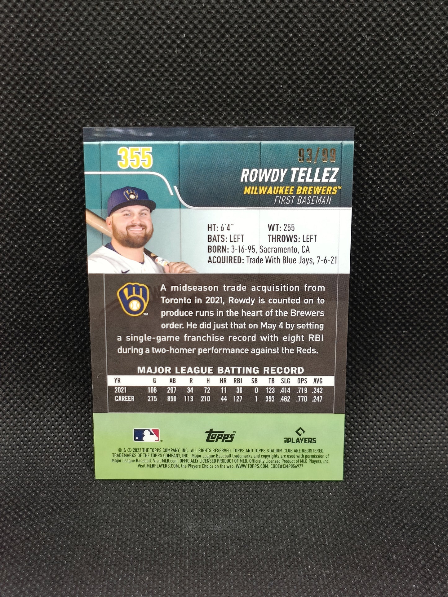 Rowdy Tellez - 2022 Topps Stadium Club Chrome Green Refractor /99 - Milwaukee Brewers