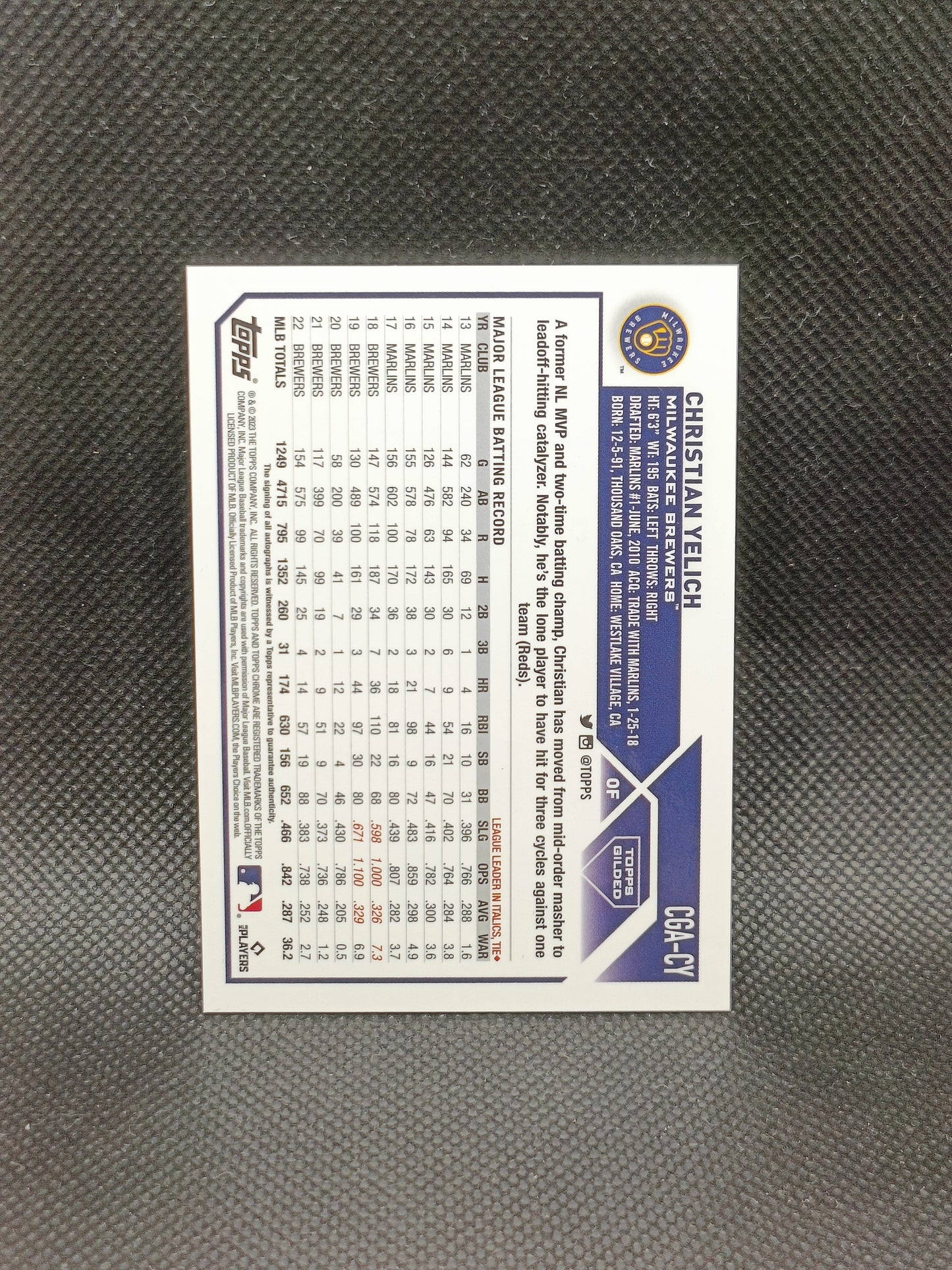 Christian Yelich - 2023 Topps Chrome Gilded Auto Blue Etch /50 - Milwaukee Brewers
