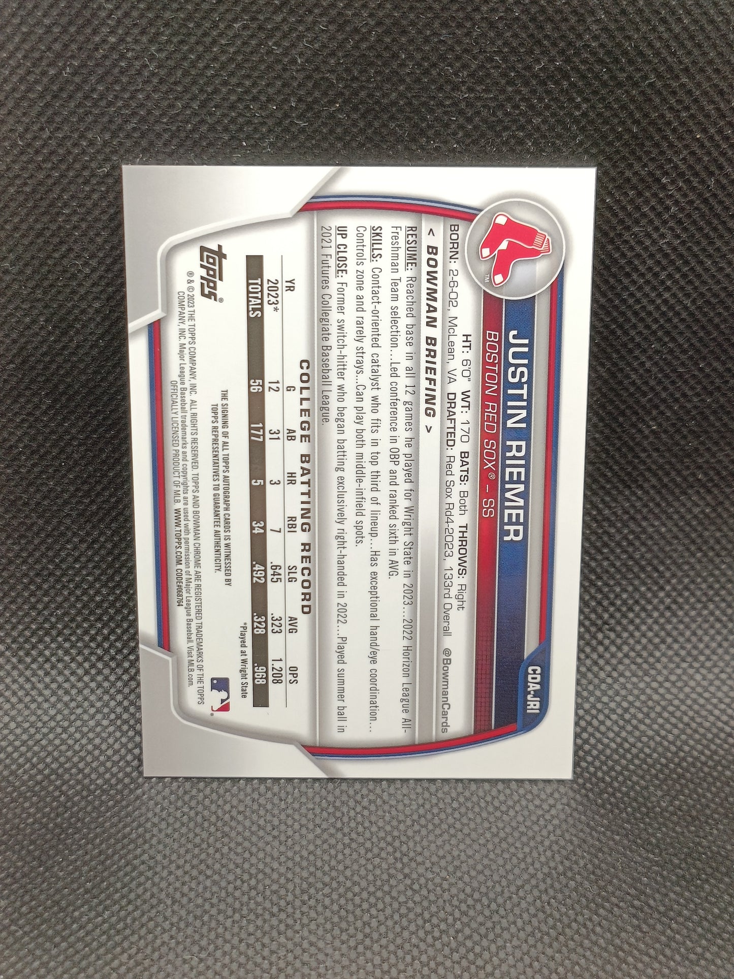 Justin Riemer - 2023 Bowman Chrome 1st Bowman Auto - Boston Red Sox
