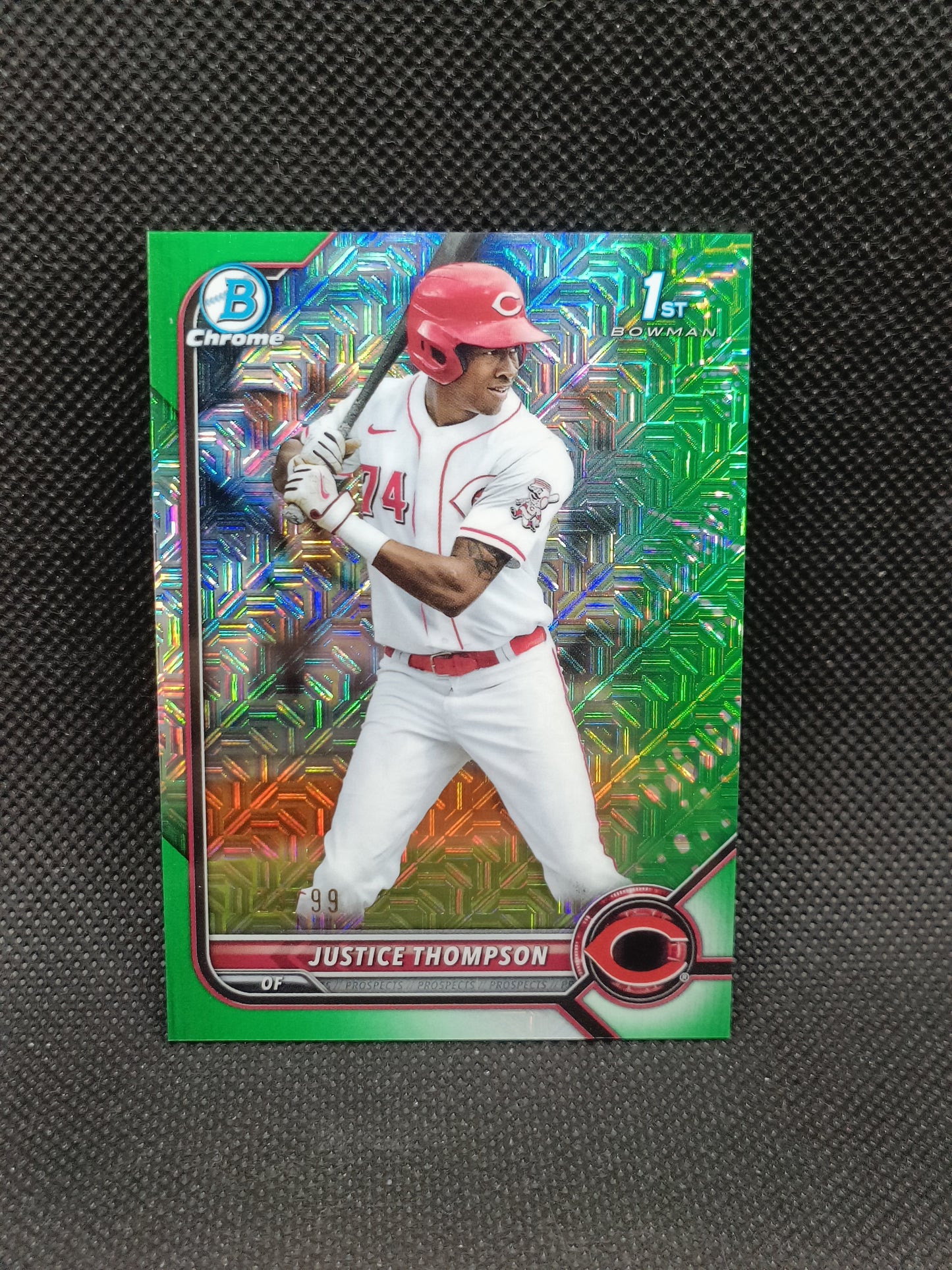Justice Thompson - 2022 Bowman Chrome 1st Bowman Green Mojo Refractor /99 - Cincinnati Reds