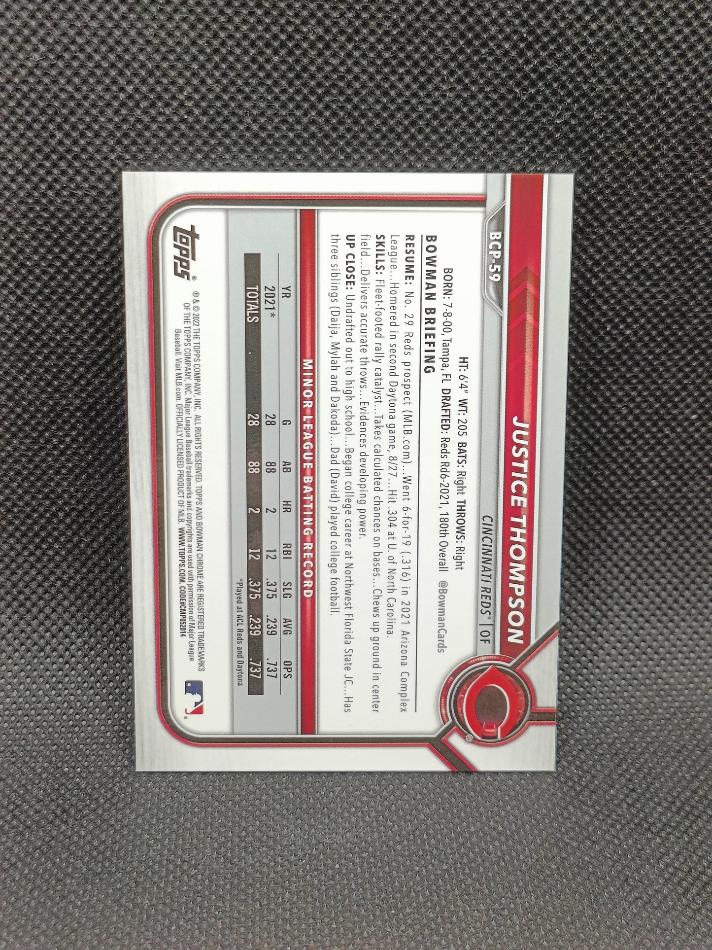 Justice Thompson - 2022 Bowman Chrome 1st Bowman Green Mojo Refractor /99 - Cincinnati Reds