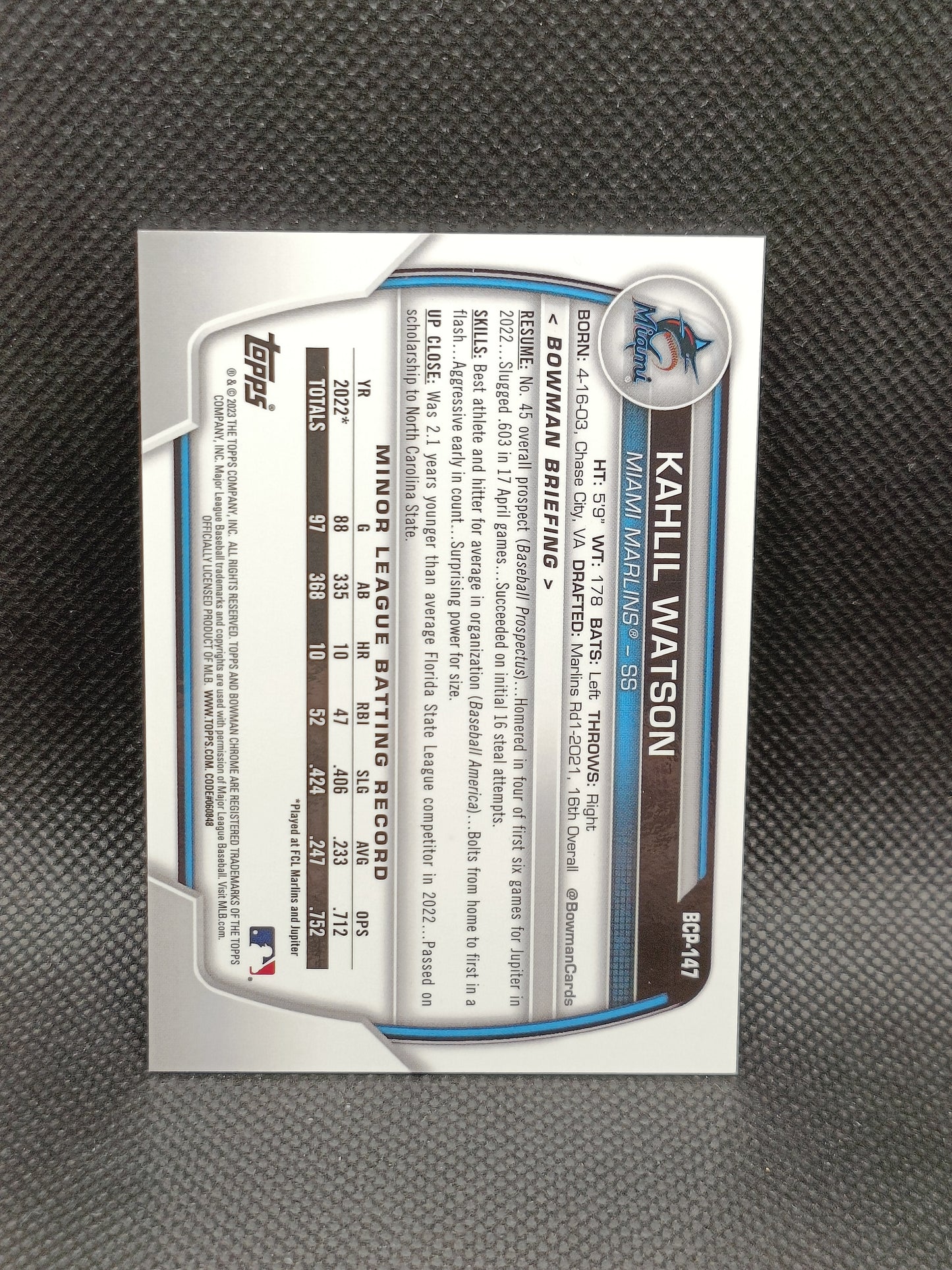 Kahlil Watson - 2023 Bowman Chrome Sapphire Edition Green /60 - Miami Marlins