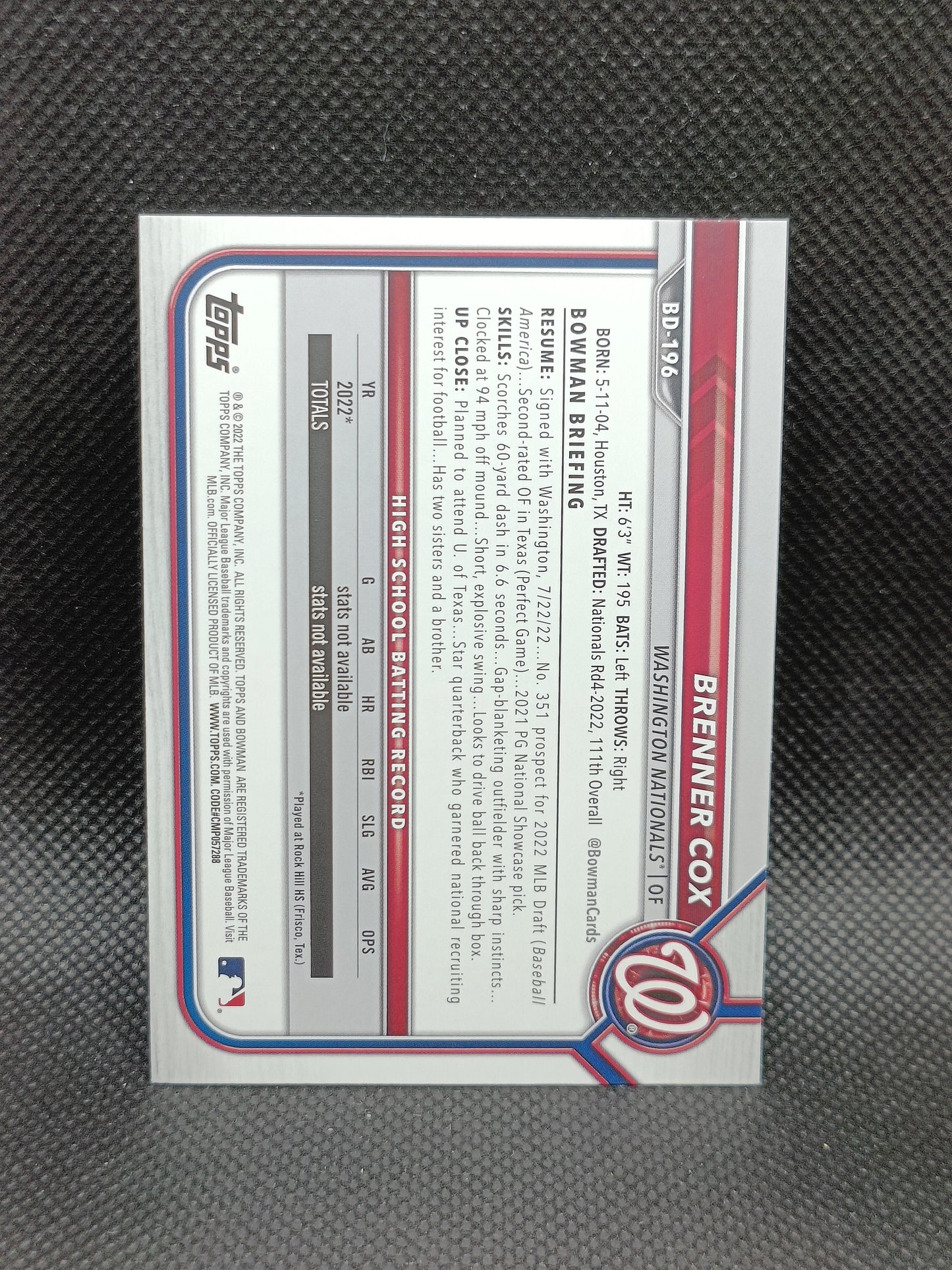 Brenner Cox - 2022 Bowman Draft 1st Bowman Aqua /199 - Washington Nationals
