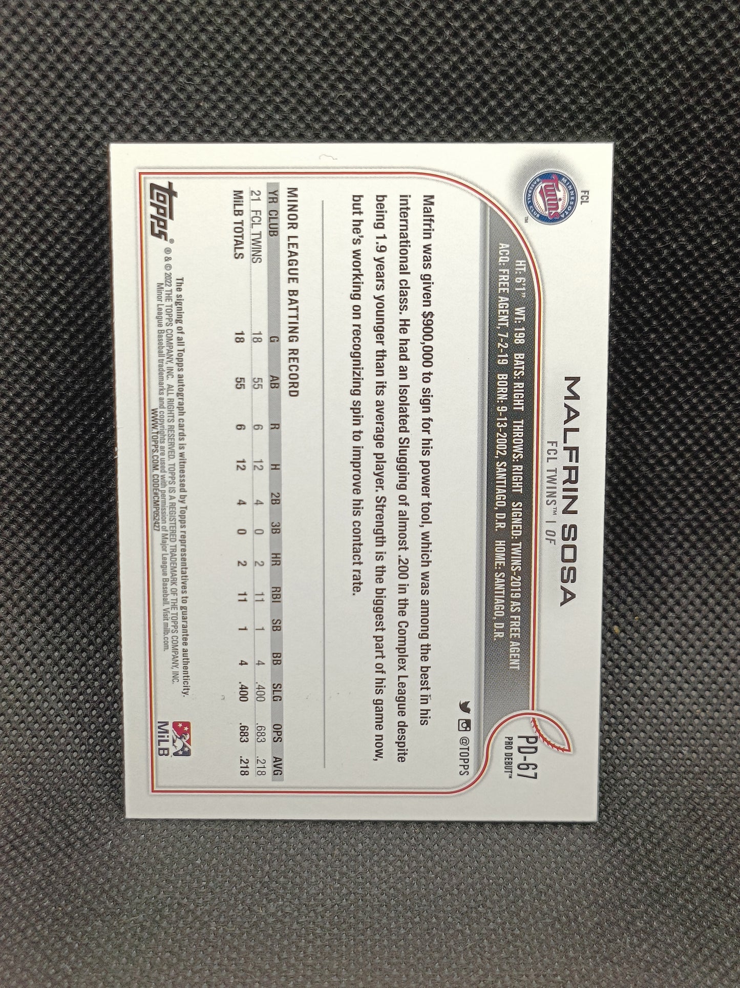 Malfrin Sosa - 2022 Topps Pro Debut Auto - Minnesota Twins