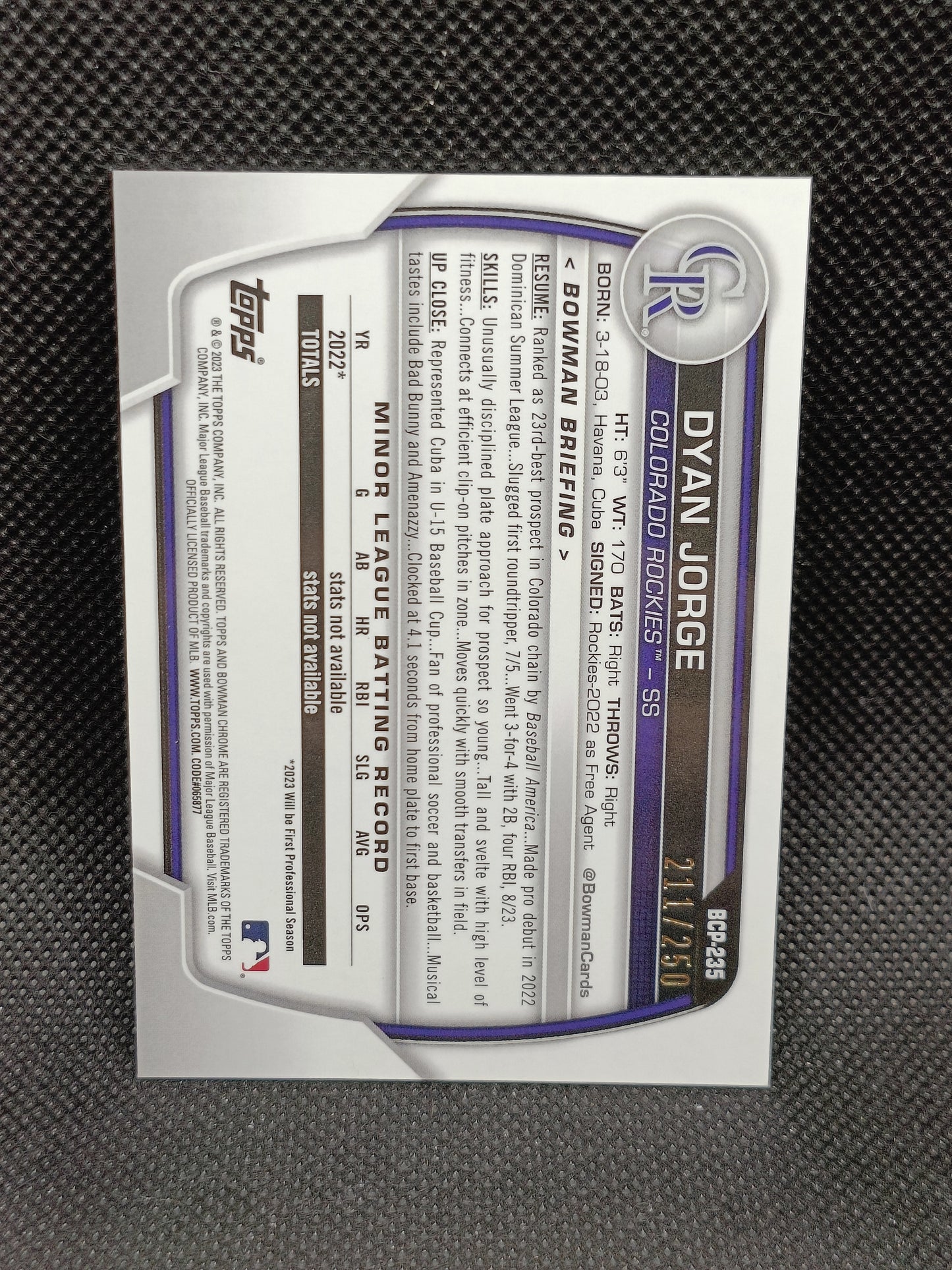 Dyan Jorge - 2023 Bowman Chrome Purple Shimmer Refractor /250 - Colorado Rockies