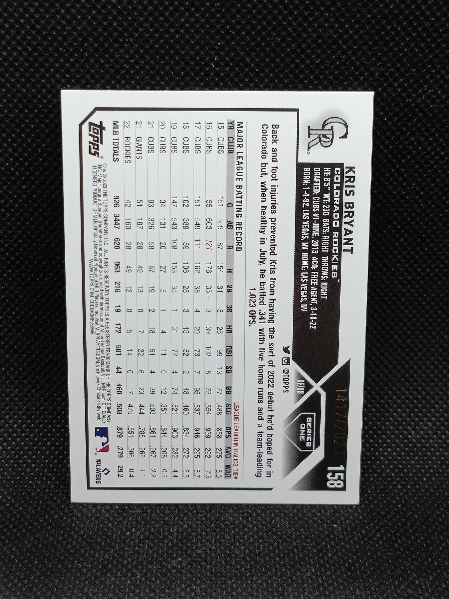 Kris Bryant - 2023 Topps Series One Gold /2023 - Colorado Rockies