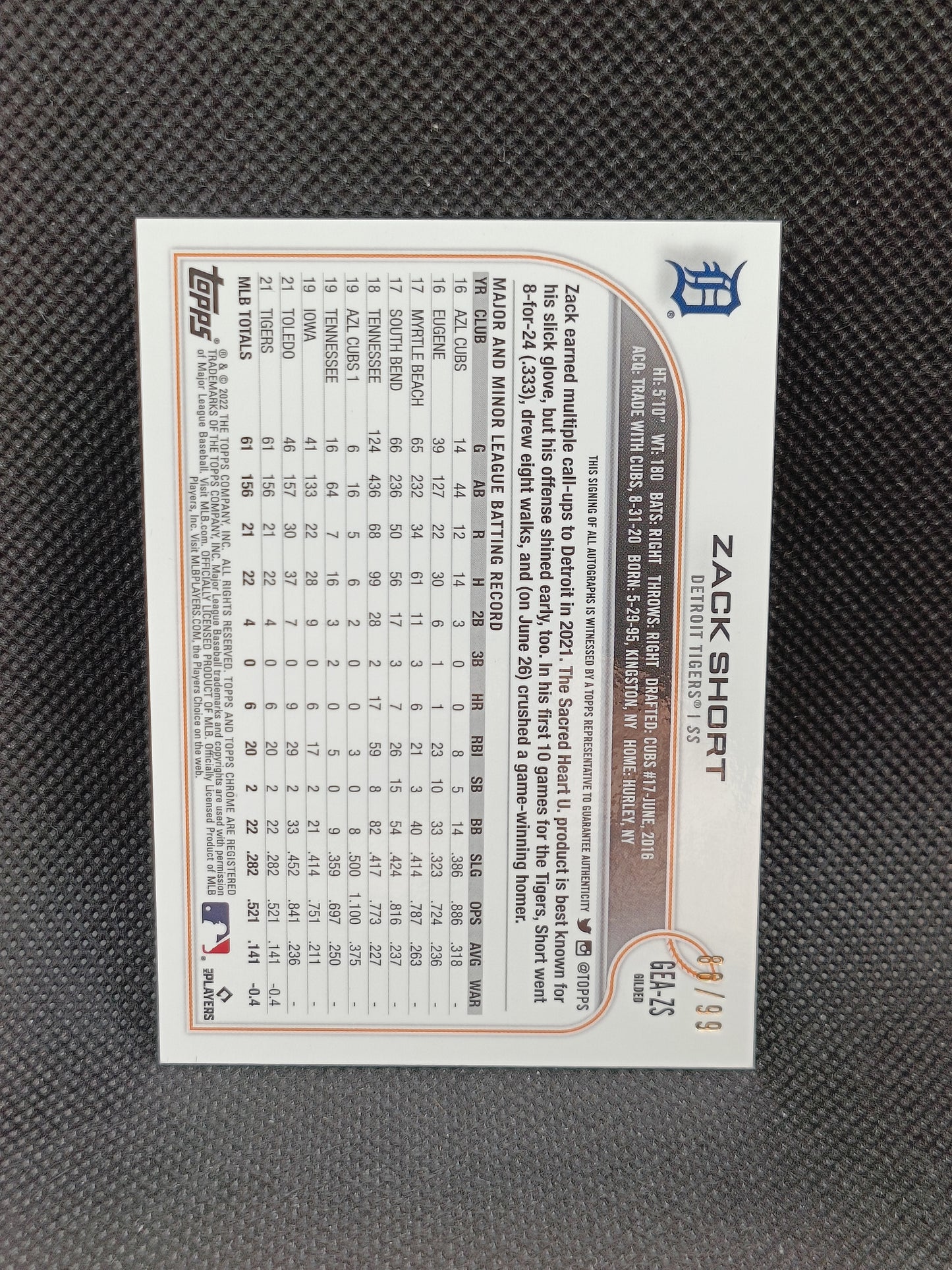 Zack Short - 2023 Topps Chrome Gilded Edition Rookie Auto /99 - Detroit Tigers