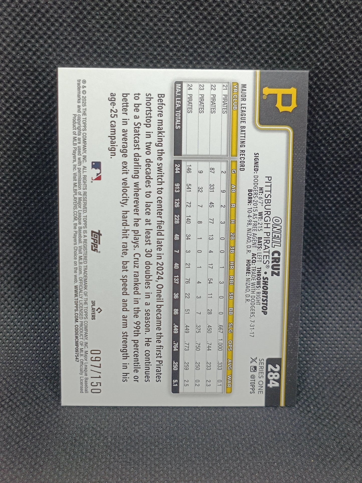 Oneil Cruz - 2025 Topps Series One Blue Holofoil /150 - Pittsburgh Pirates