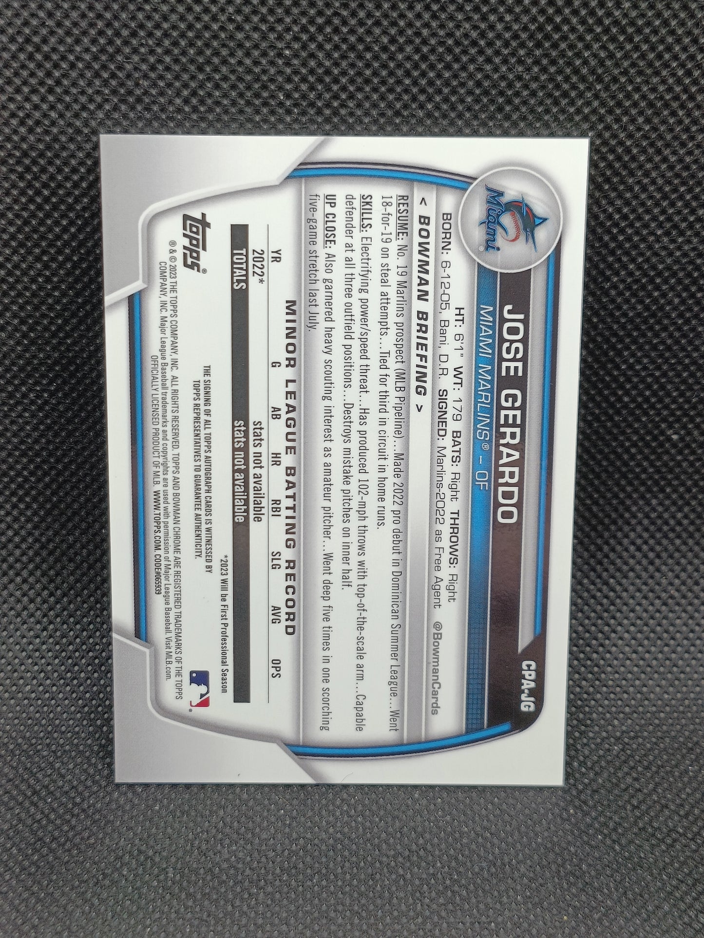 Jose Gerardo - 2023 Bowman Chrome 1st Bowman Auto - Miami Marlins