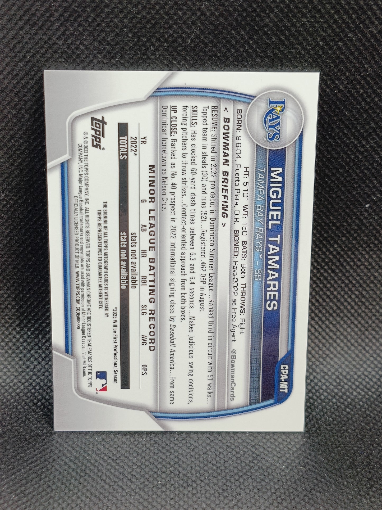 Miguel Tamares - 2023 Bowman Chrome 1st Bowman Auto - Tampa Bay Rays