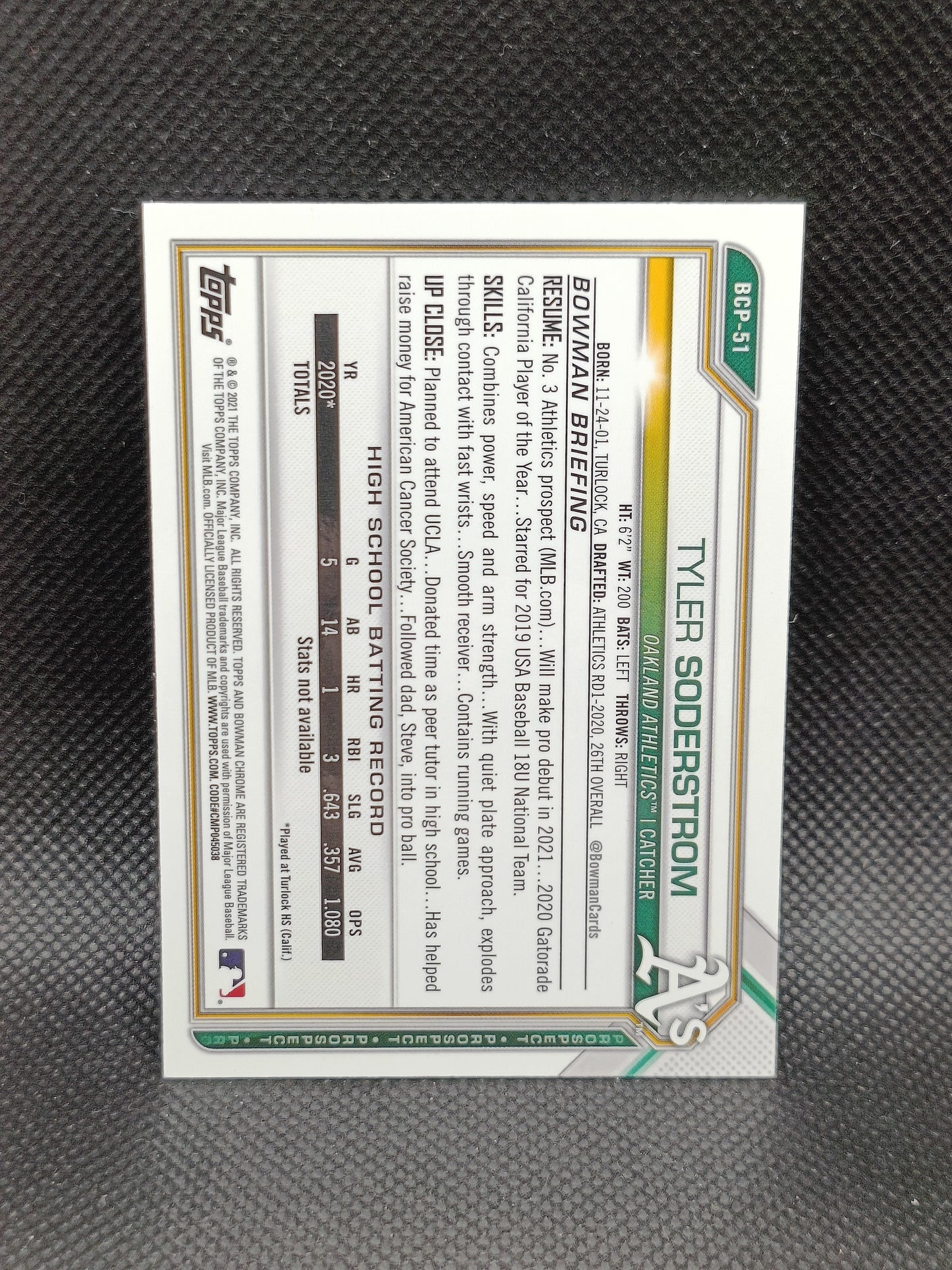 Tyler Soderstrom - 2021 Bowman Chrome Sapphire - Oakland Athletics