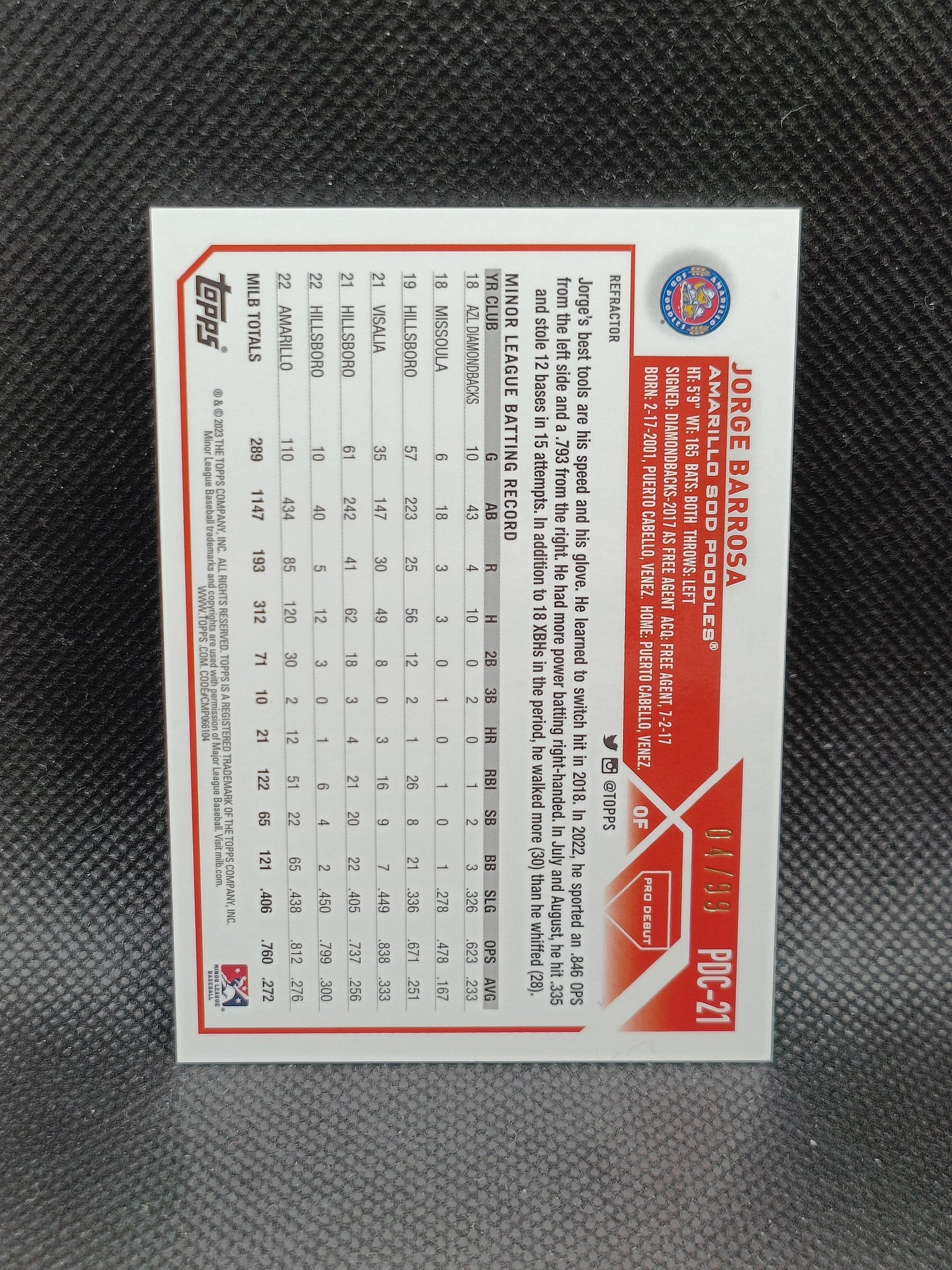 Jorge Barrosa - 2023 Topps Pro Debut Chrome Refractor /99 - Arizona Diamondbacks