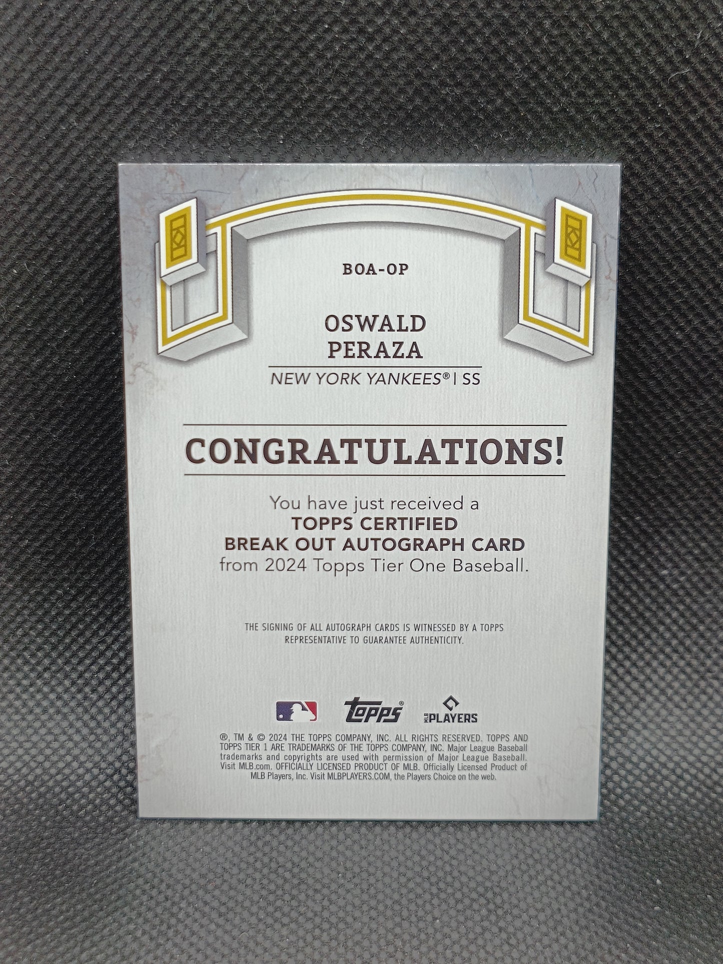 Oswald Peraza - 2024 Topps Tier One Auto Green /49 - New York Yankees