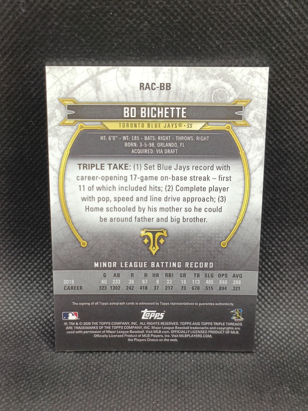 Bo Bichette - 2020 Topps Triple Threads Rookie Auto Blue /10 - Toronto Blue Jays