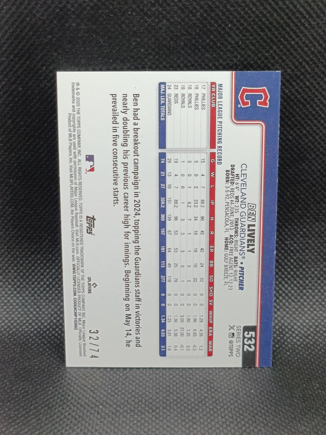 Ben Lively - 2025 Topps Series Two Black /74 - Cleveland Guardians