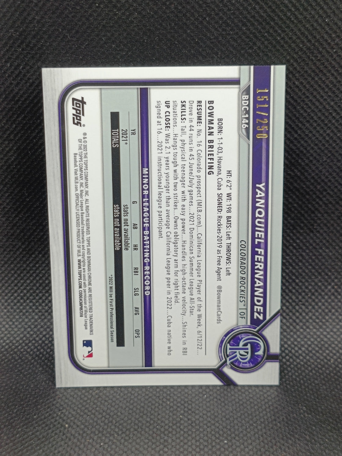 Yanquiel Fernandez - 2022 Bowman Chrome Purple Refractor /250 - Colorado Rockies