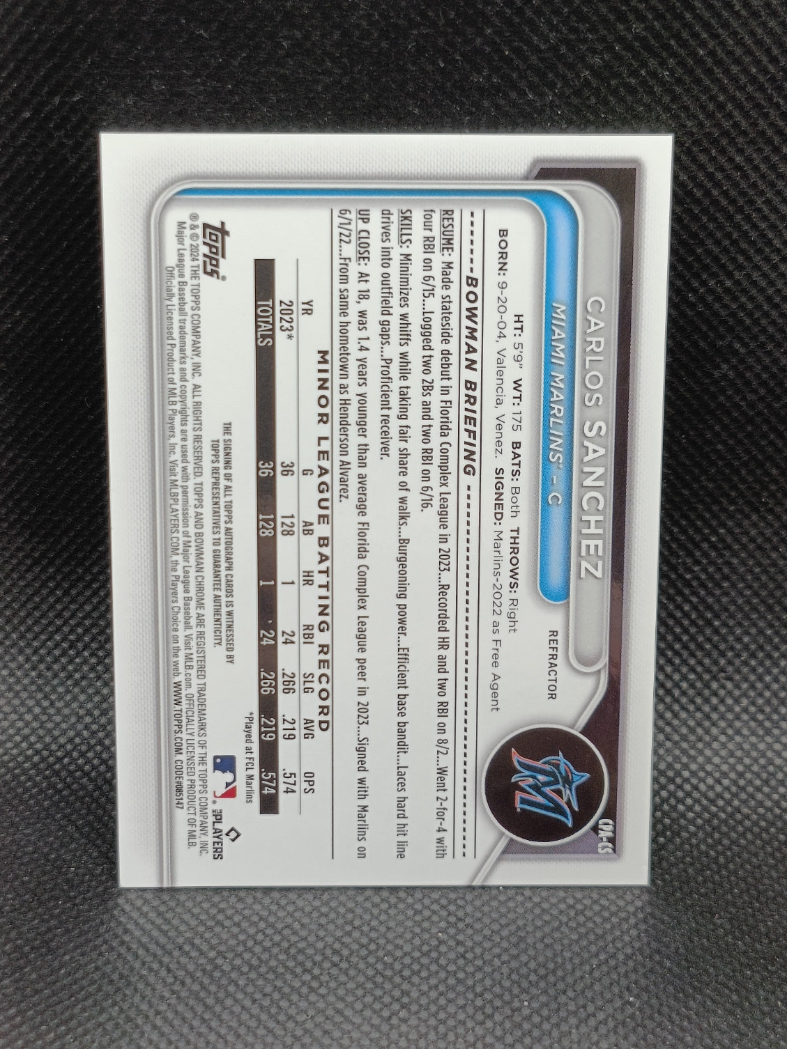 Carlos Sanchez - 2024 Bowman Chrome 1st Bowman Auto Refractor /499 - Miami Marlins