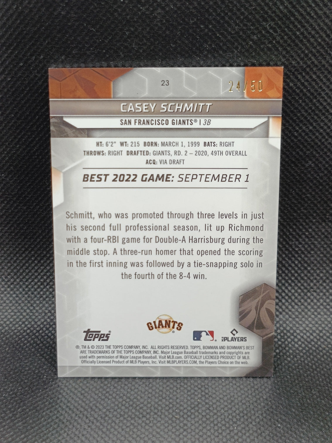 Casey Schmitt - 2023 Bowman's Best Rookie Gold Refractor /50 - San Francisco Giants