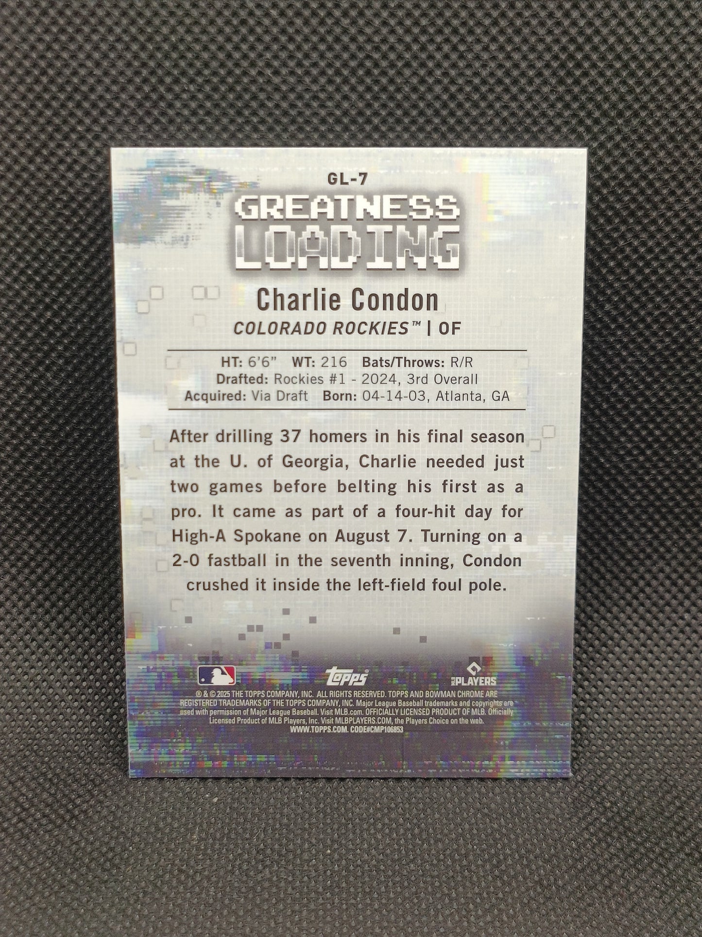 Charlie Condon - 2025 Bowman Chrome Greatness Loading Insert - Colorado Rockies