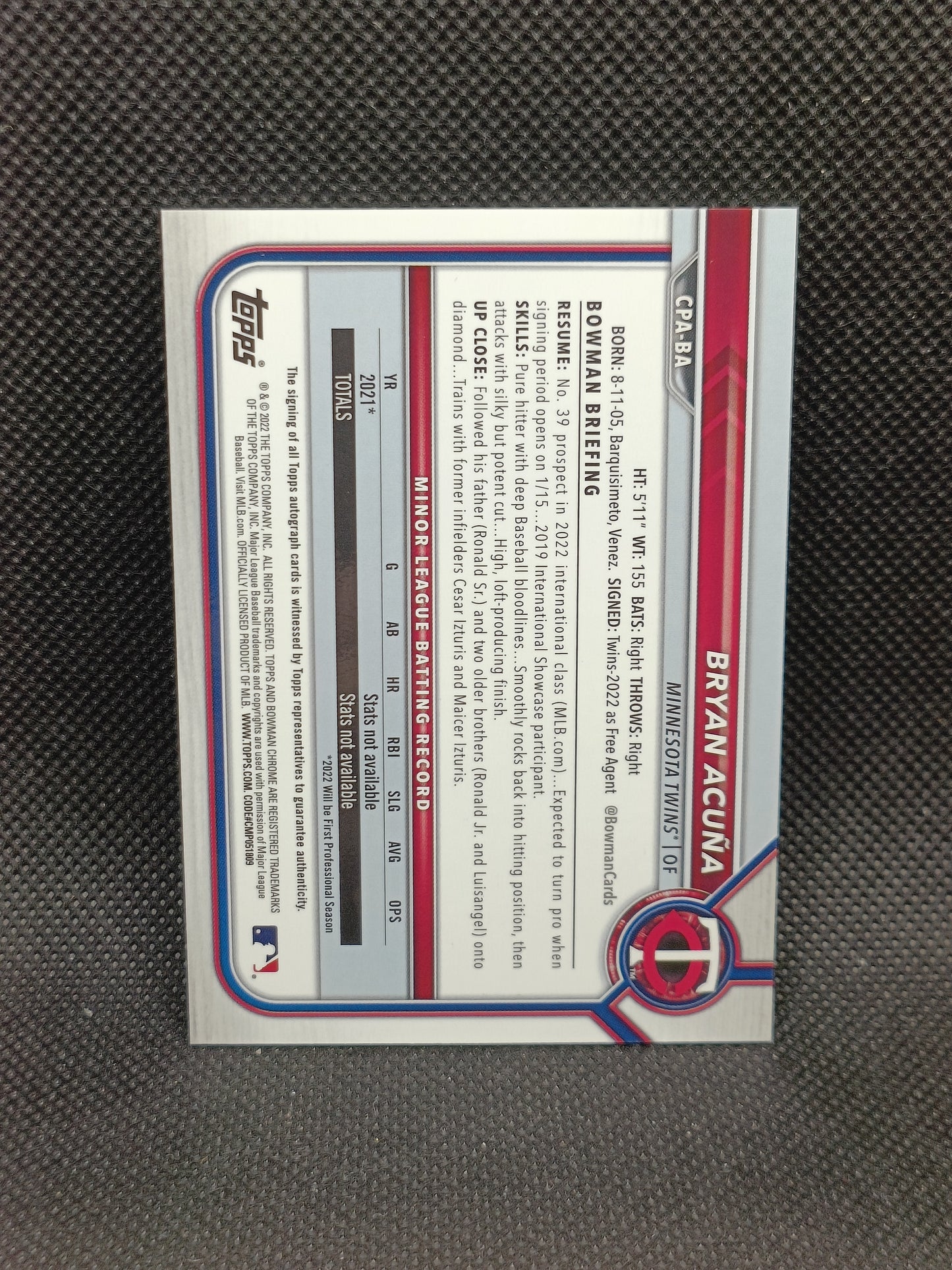 Bryan Acuna - 2022 Bowman Chrome 1st Bowman Auto - Minnesota Twins