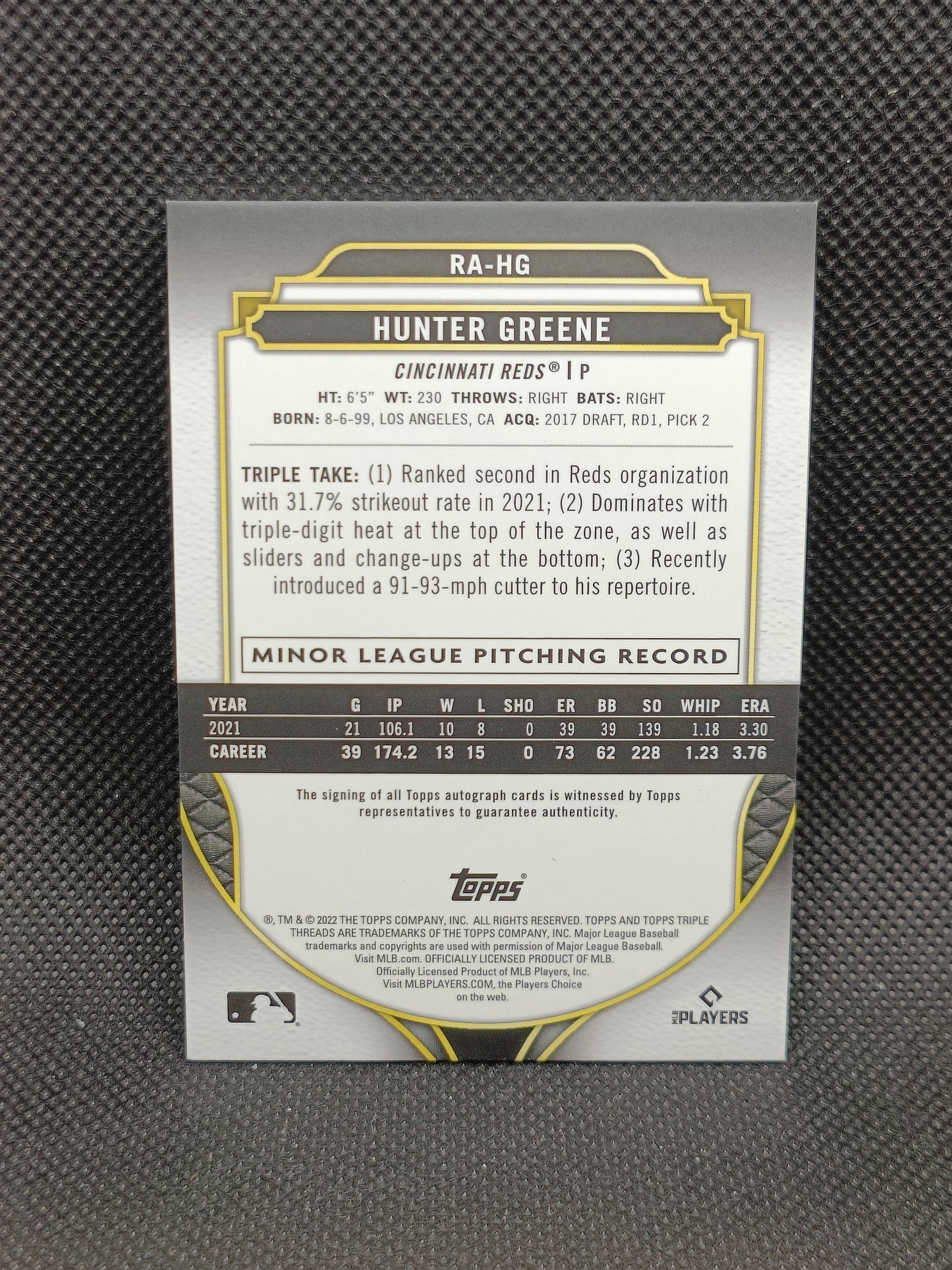 Hunter Greene - 2022 Topps Triple Threads Rookie Auto /199 - Cincinnati Reds