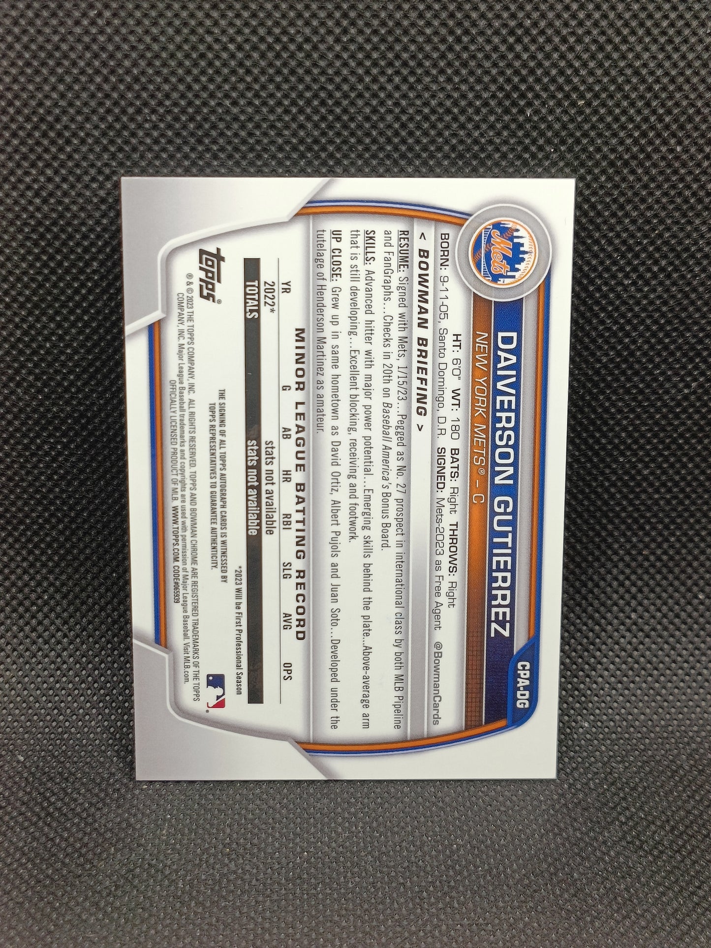 Daiverson Gutierrez - 2023 Bowman Chrome 1st Bowman Auto - New York Mets