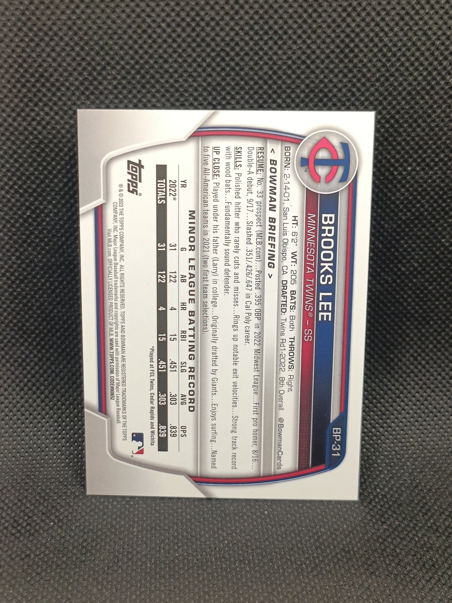 Brooks Lee - 2023 Bowman Blue /150 - Minnesota Twins