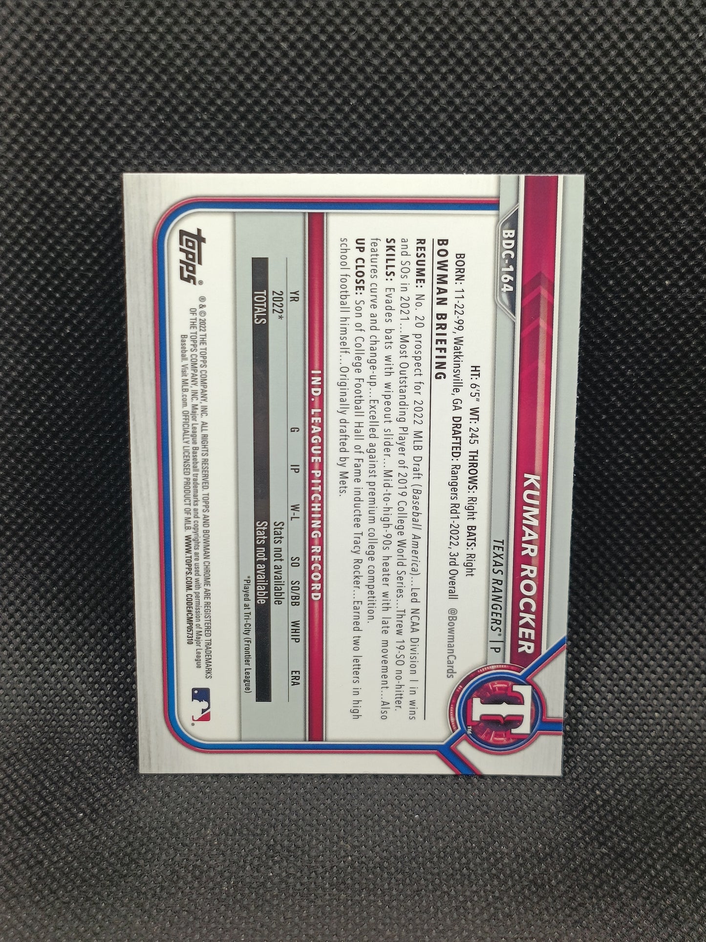 Kumar Rocker - 2022 Bowman Draft Chrome 1st Bowman RayWave Refractor - Texas Rangers