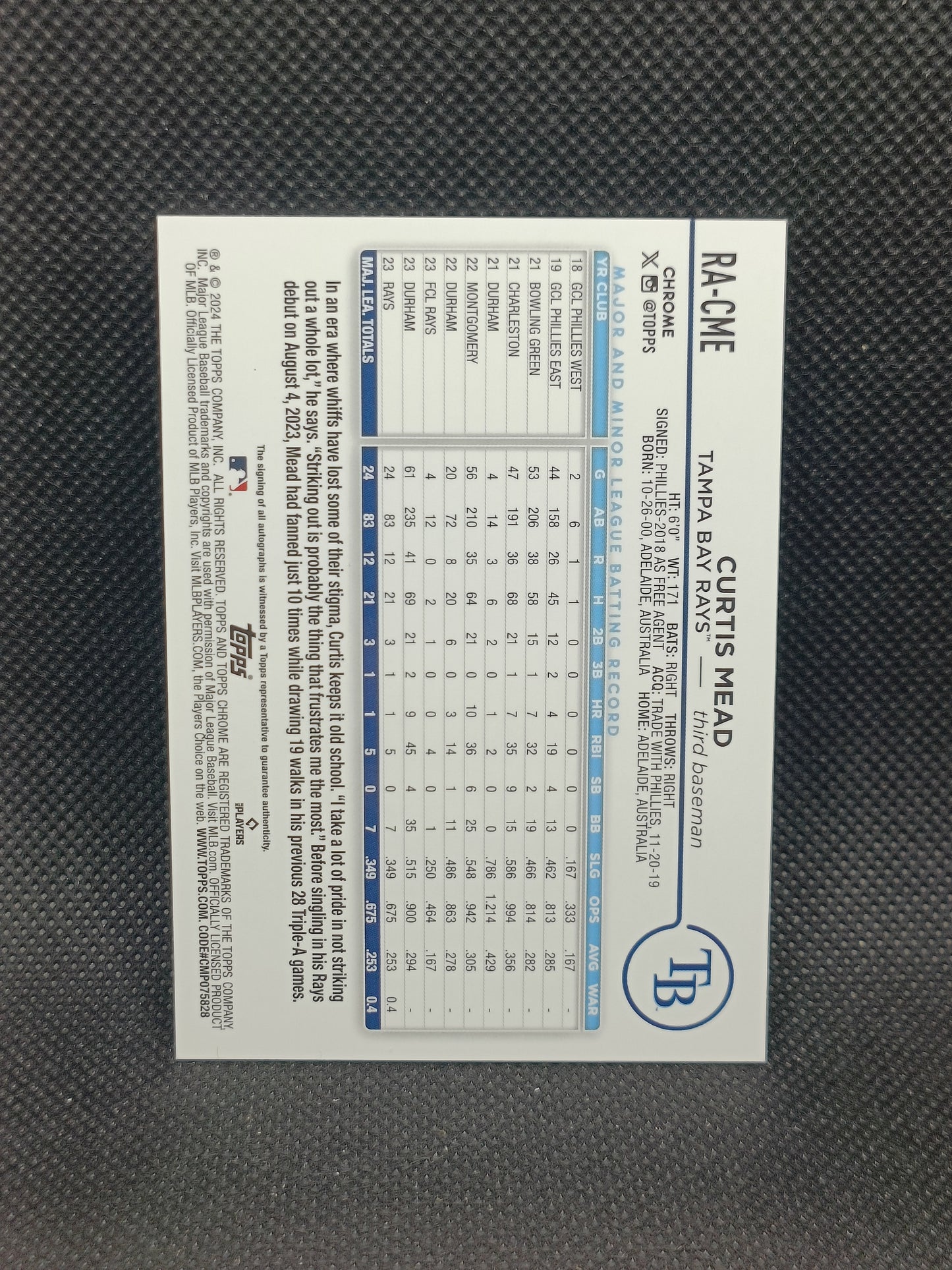 Curtis Mead - 2024 Topps Chrome Rookie Auto Blue RayWave /150 - Tampa Bay Rays