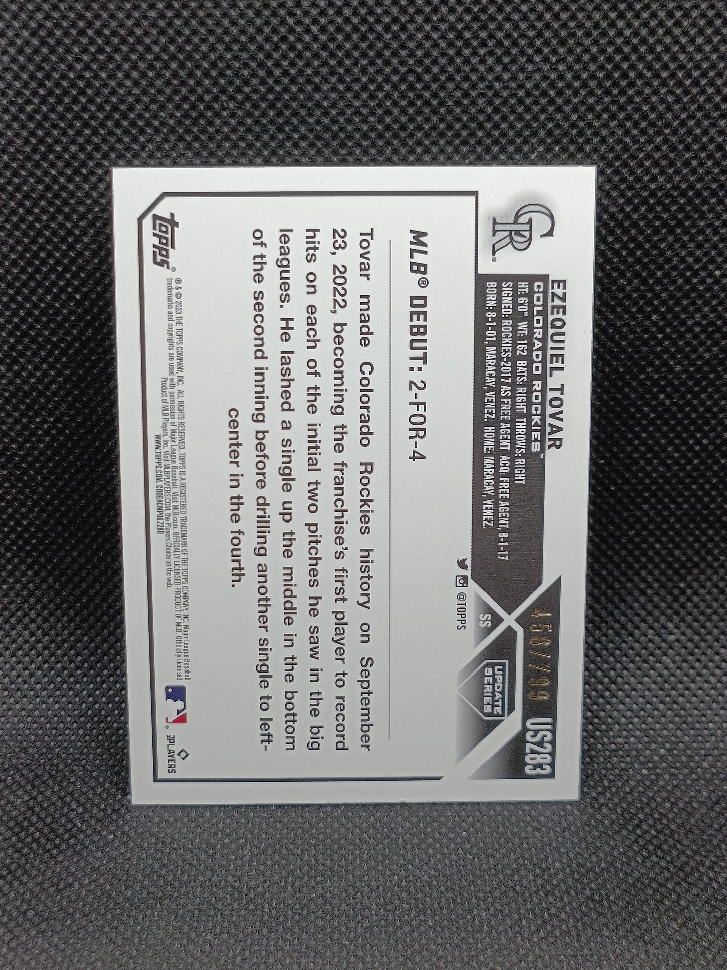 Ezequiel Tovar - 2023 Topps Update Series Rookie Debut Purple Foil /799 - Colorado Rockies