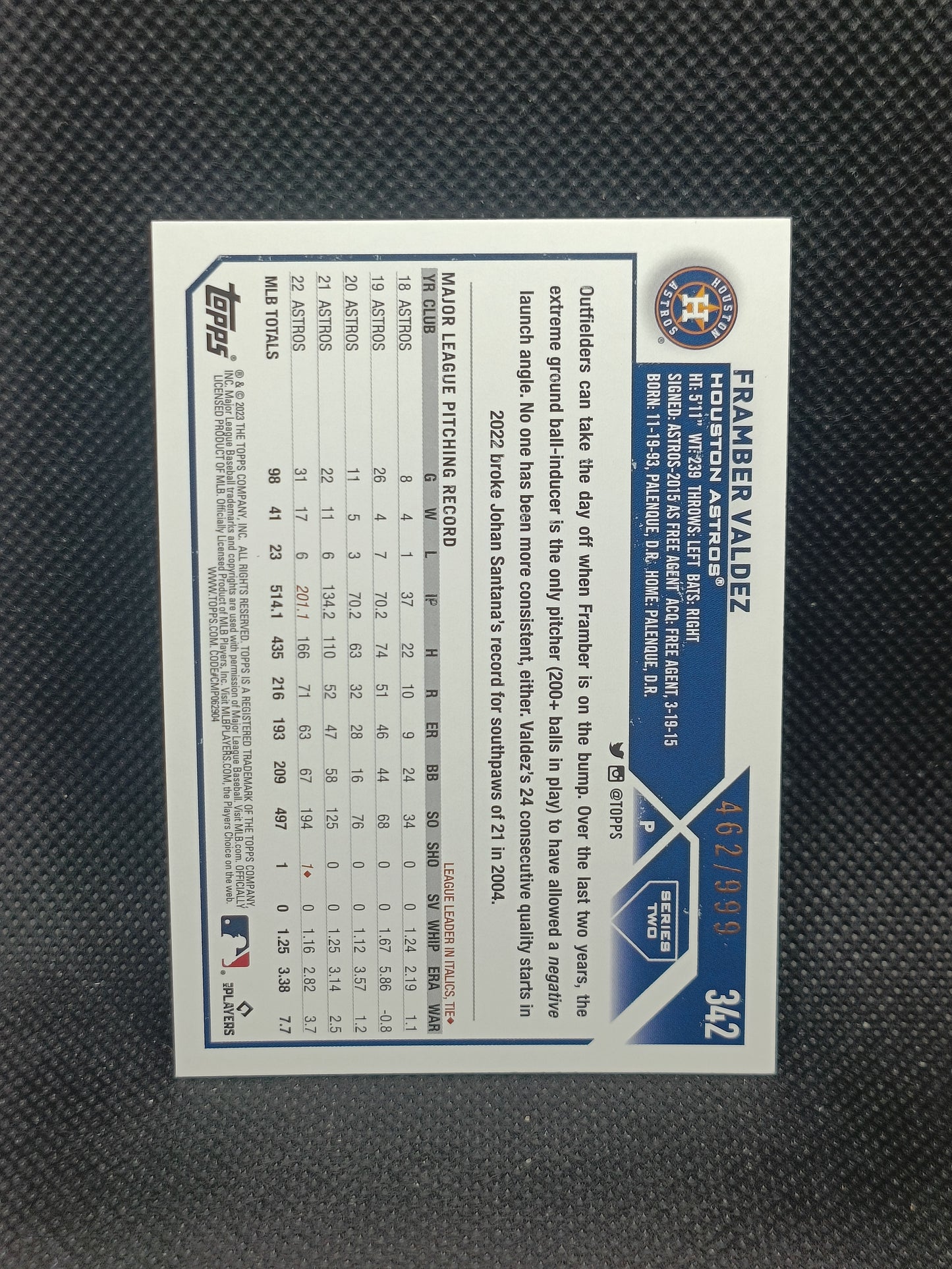 Framber Valdez - 2023 Topps Series Two Blue Holofoil /999 - Houston Astros