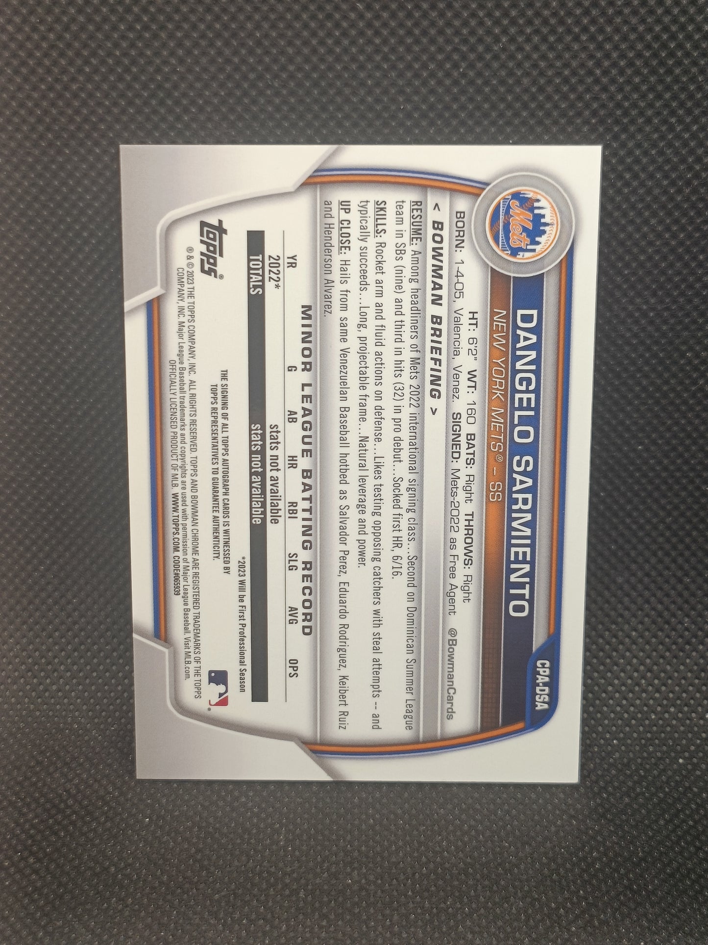 Dangelo Sarmiento - 2023 Bowman Chrome 1st Bowman Auto Yellow Refractor /75 - New York Mets