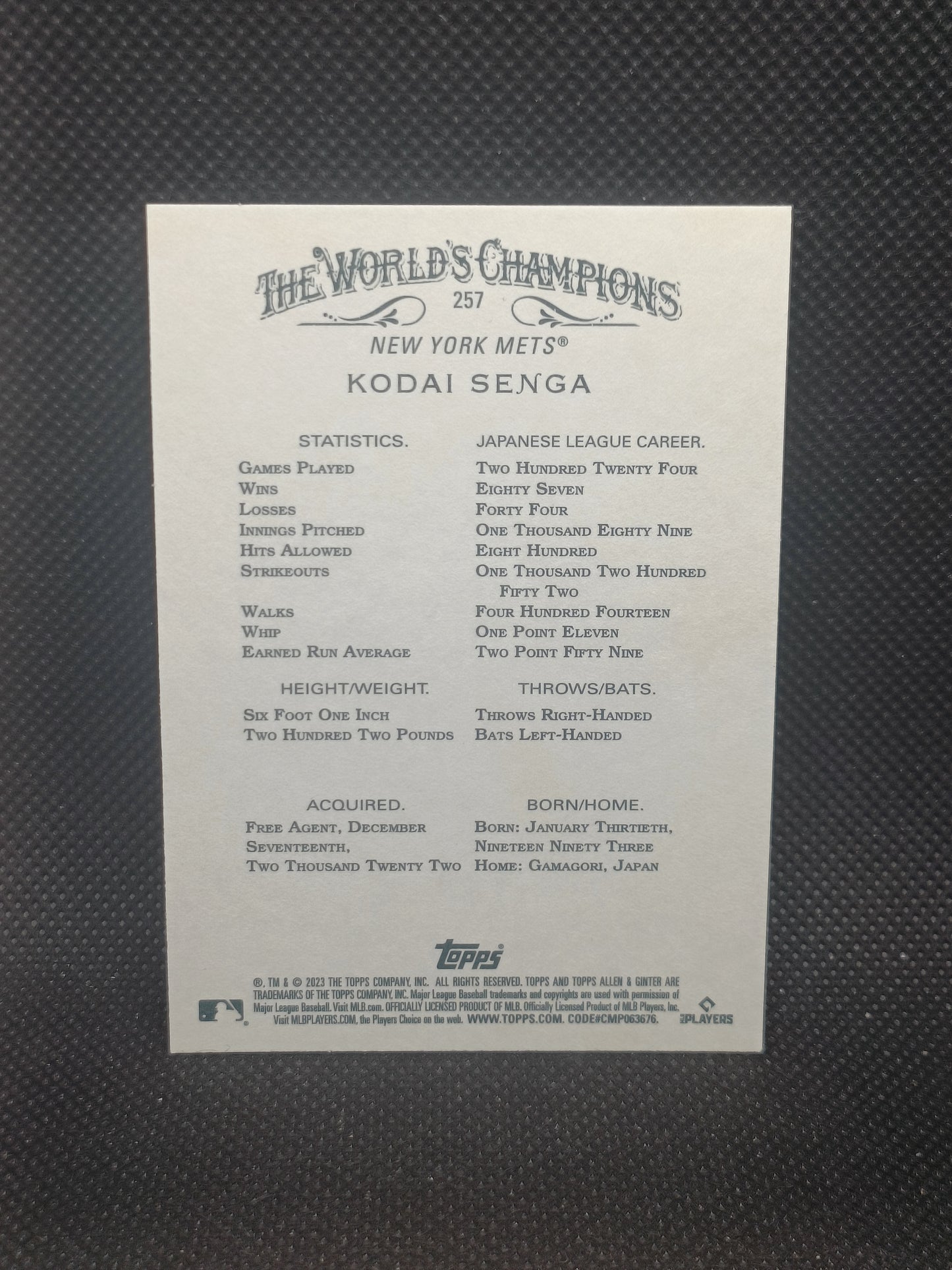 Kodai Senga - 2023 Topps Allen & Ginter Rookie - New York Mets