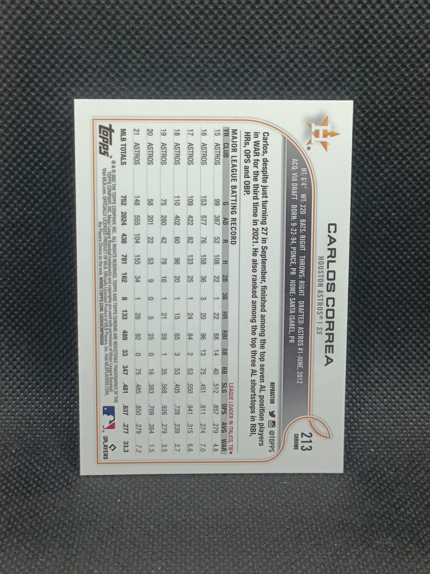 Carlos Correa - 2022 Topps Chrome Refractor - Houston Astros