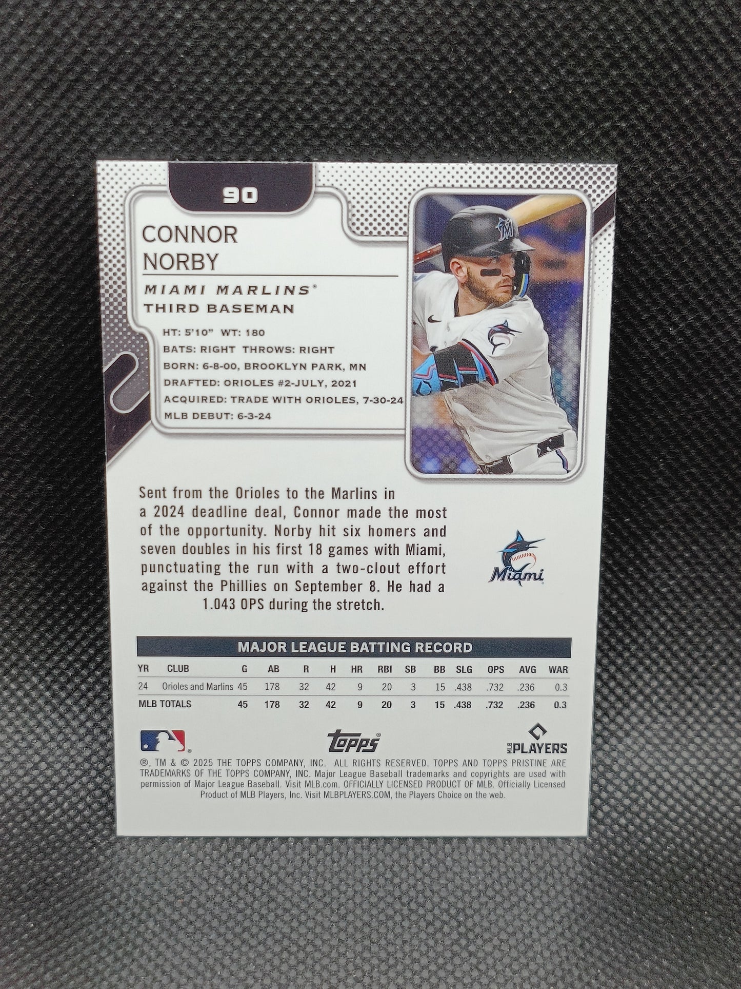 Connor Norby - 2025 Topps Pristine Rookie Blue Refractor /75 - Miami Marlins