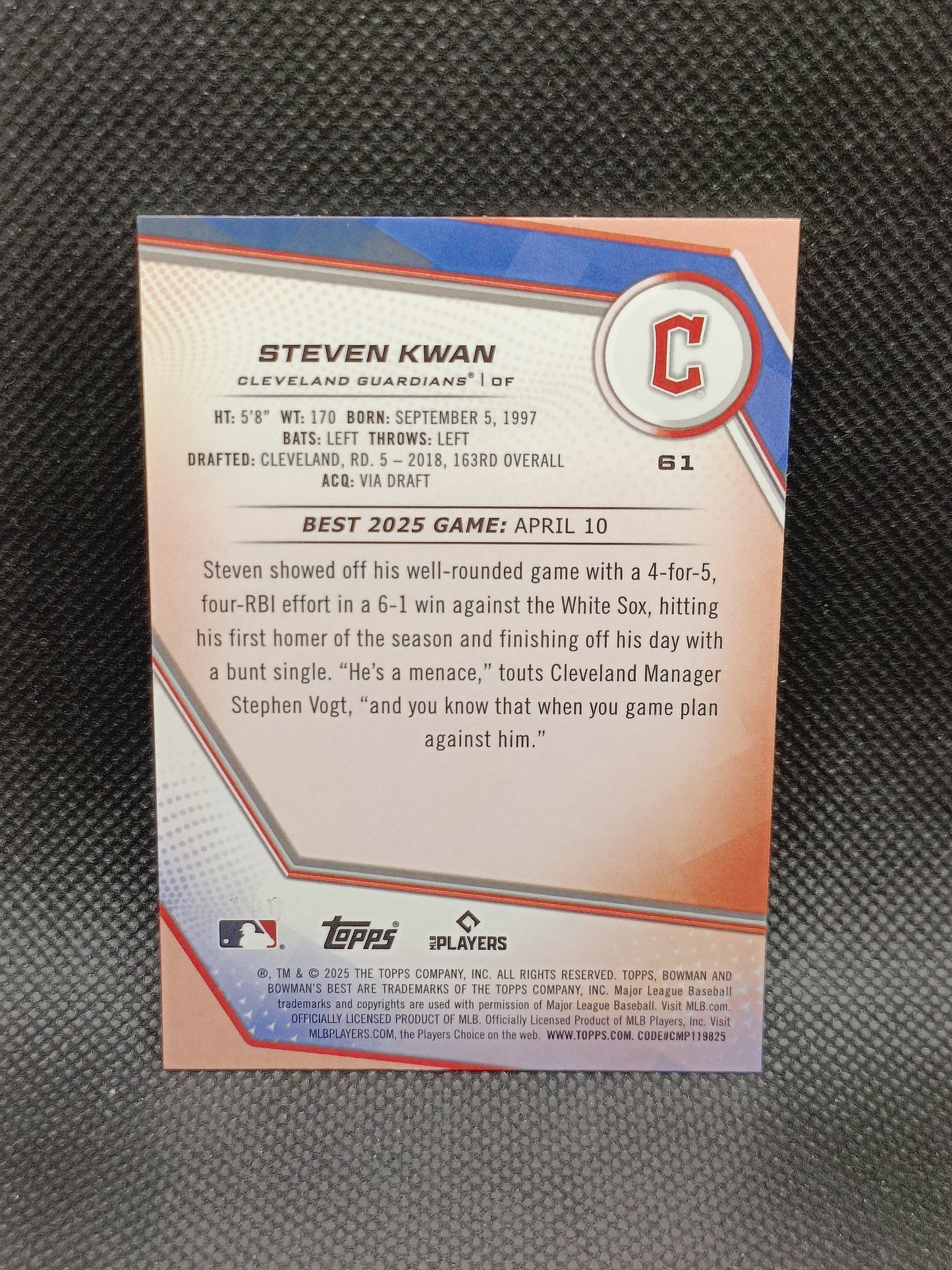 Steven Kwan - 2025 Bowman's Best Purple Refractor /250 - Cleveland Guardians