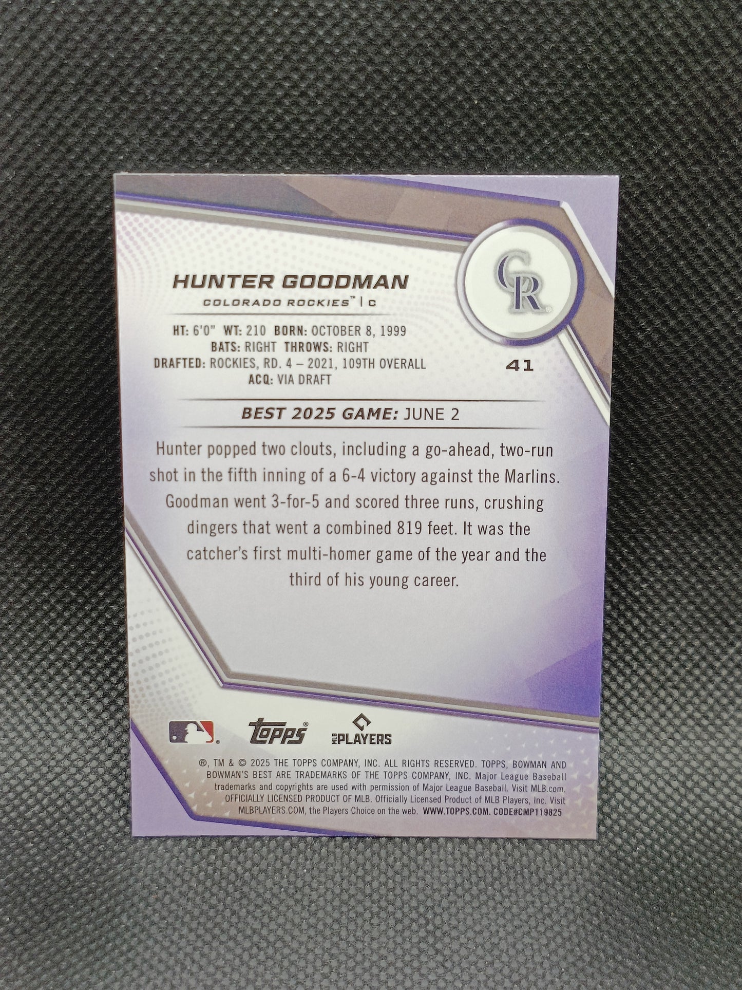 Hunter Goodman - 2025 Bowman's Best Purple Mojo Refractor /250 - Colorado Rockies