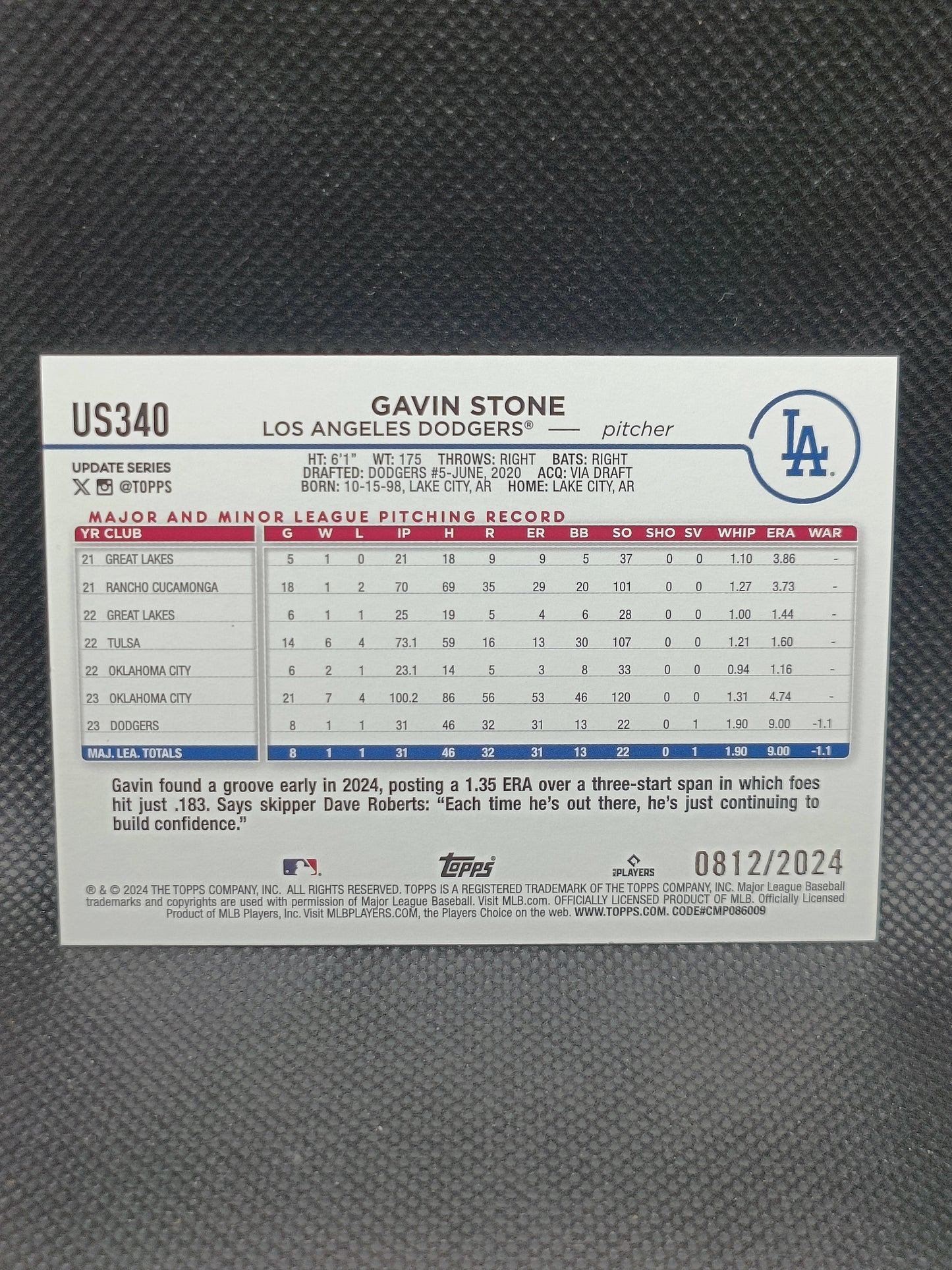 Gavin Stone - 2024 Topps Update Series Gold /2024 - LA Dodgers